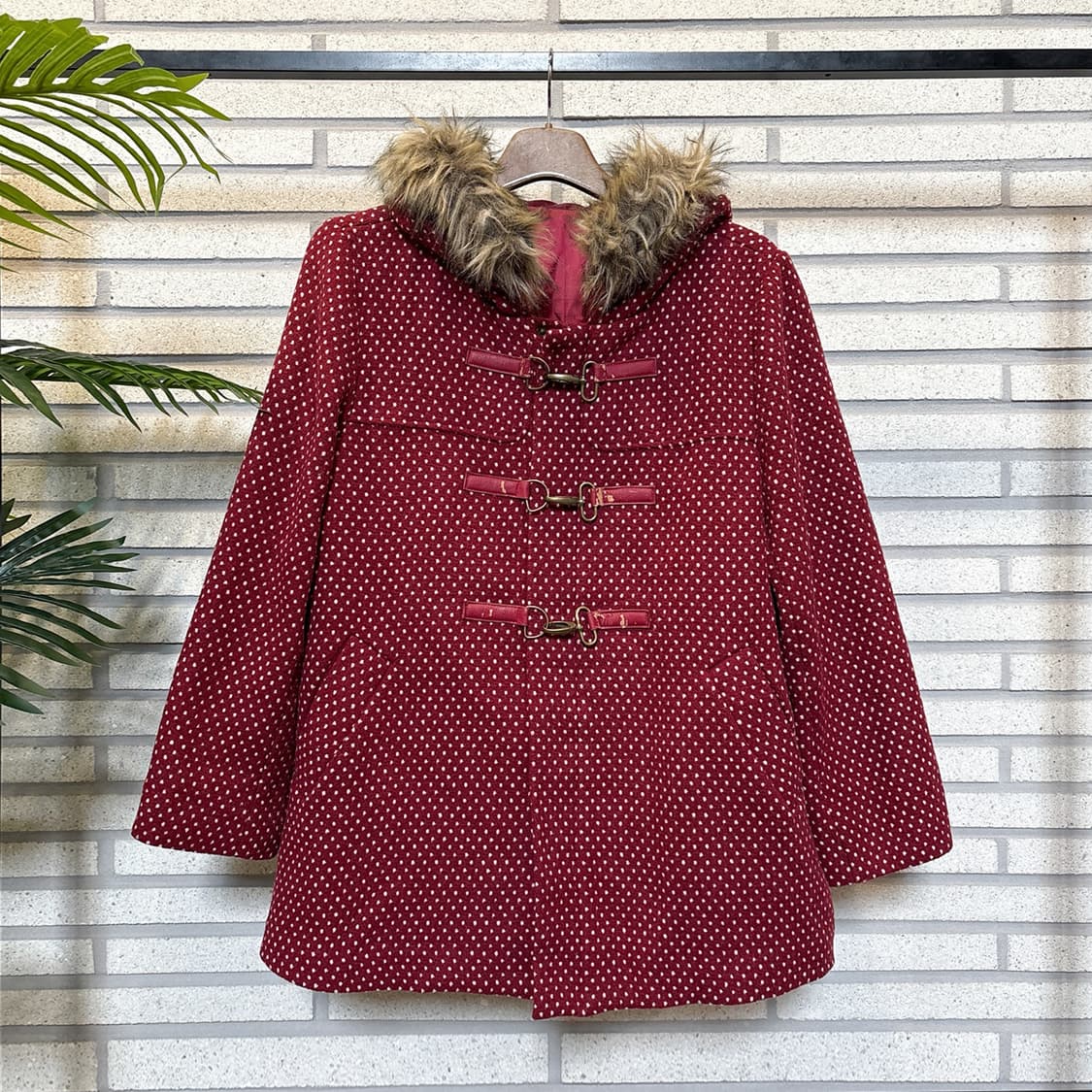 JPN VINTAGE D링 버클 더플코트 퍼후드 도트포인트 디테일 레드 상품이미지2