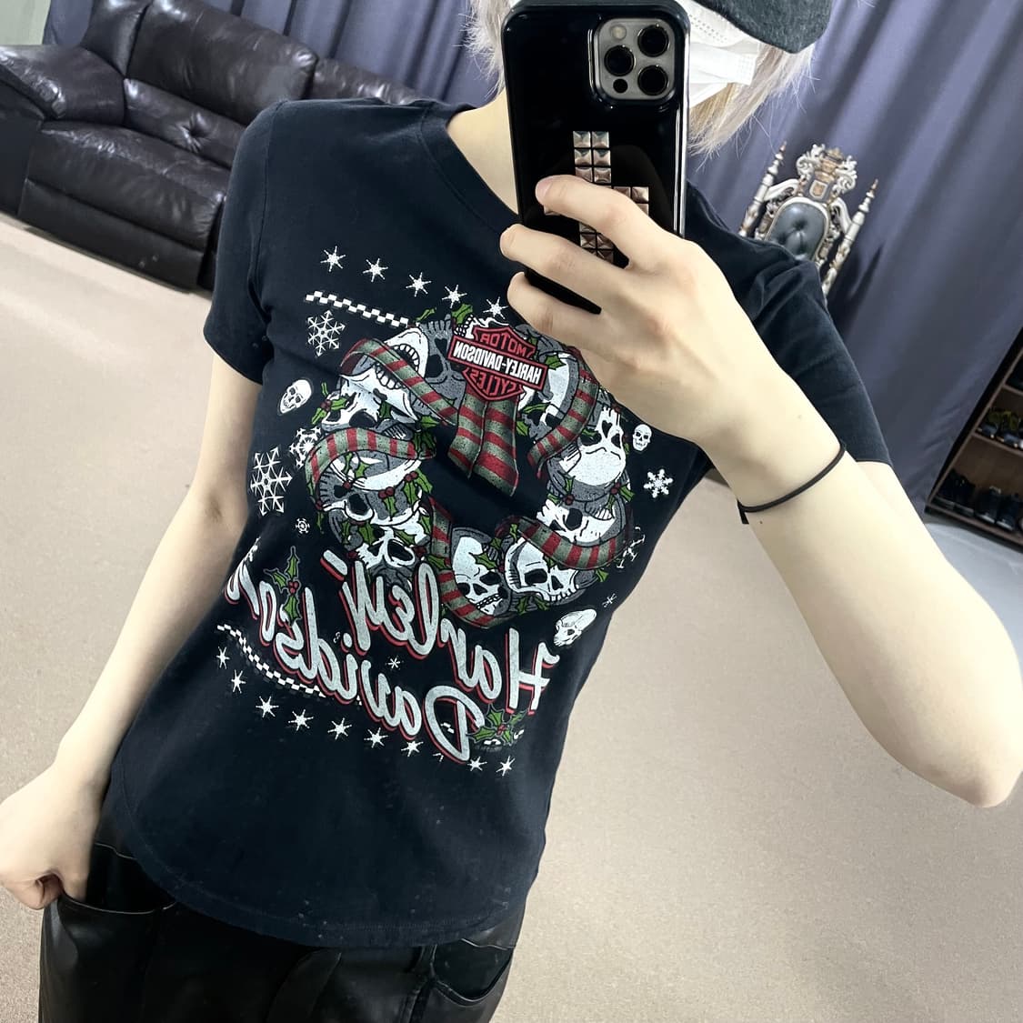 할리데이비슨 크리스마스 에디션 스컬 해골 프린팅 반팔 슬림핏 티셔츠 S 상품이미지2