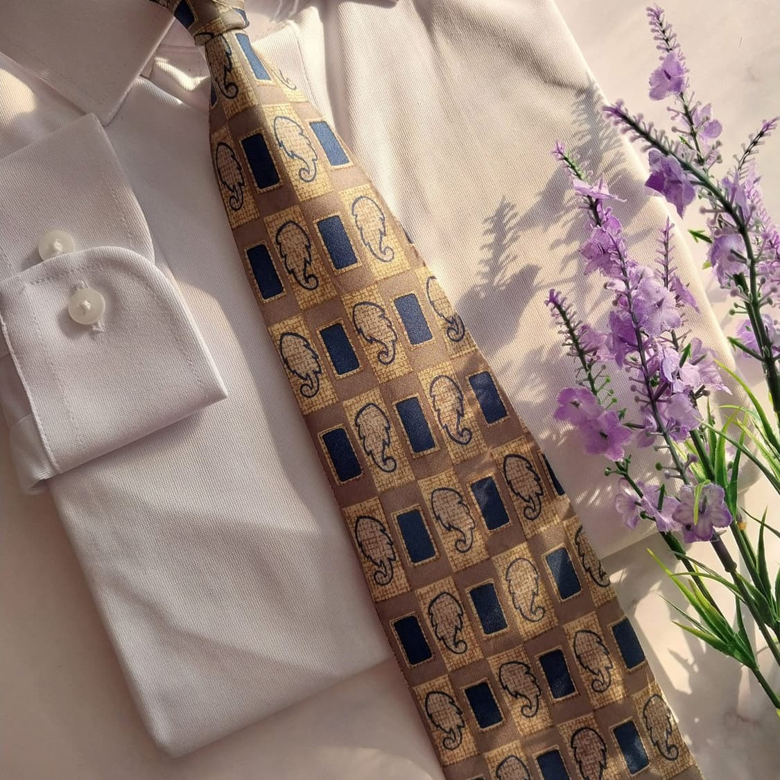 발망 실크 베이지&브라운&블루 패턴 넥타이 9.3cm A+등급 K1365 상품이미지7