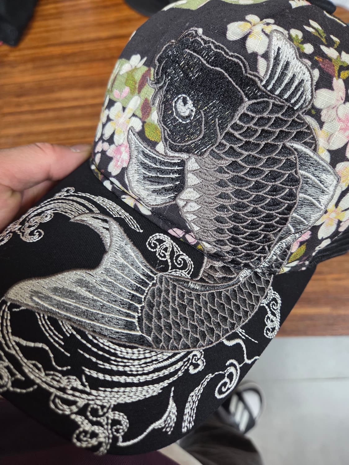 빈티지 저팬 리플 비단잉어 자수 벛꽃 프린팅 메쉬 스카쟌 모자 프리 상품이미지7