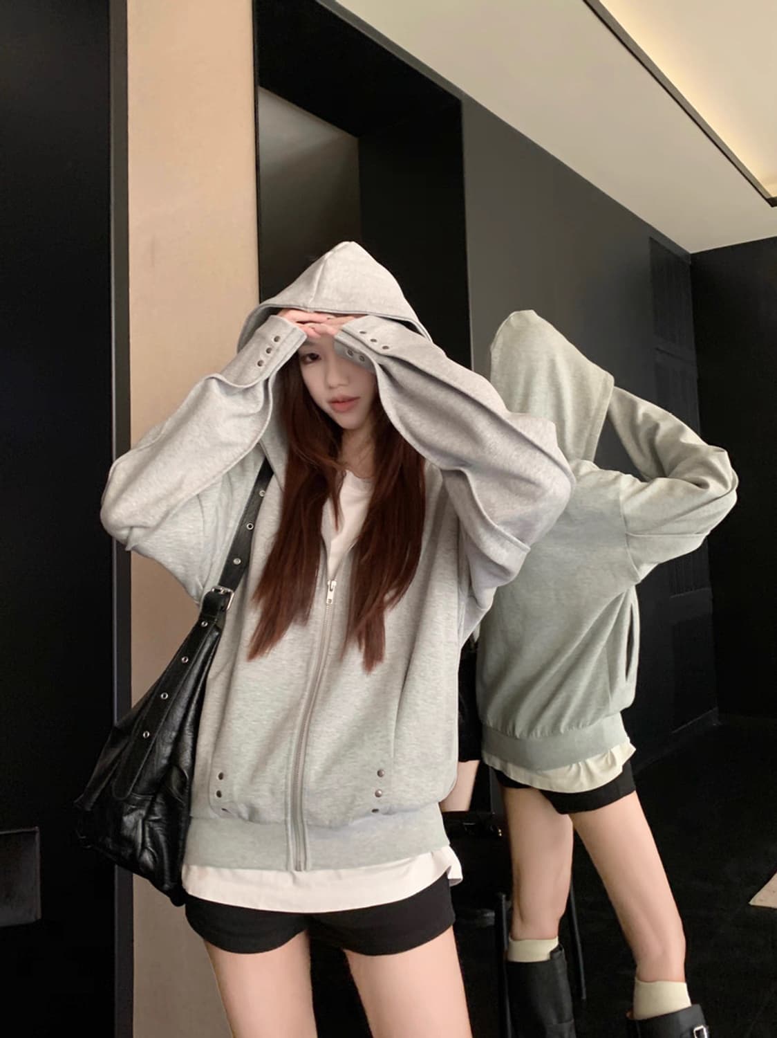 스터드 후드집업 그레이, 블랙 상품이미지2