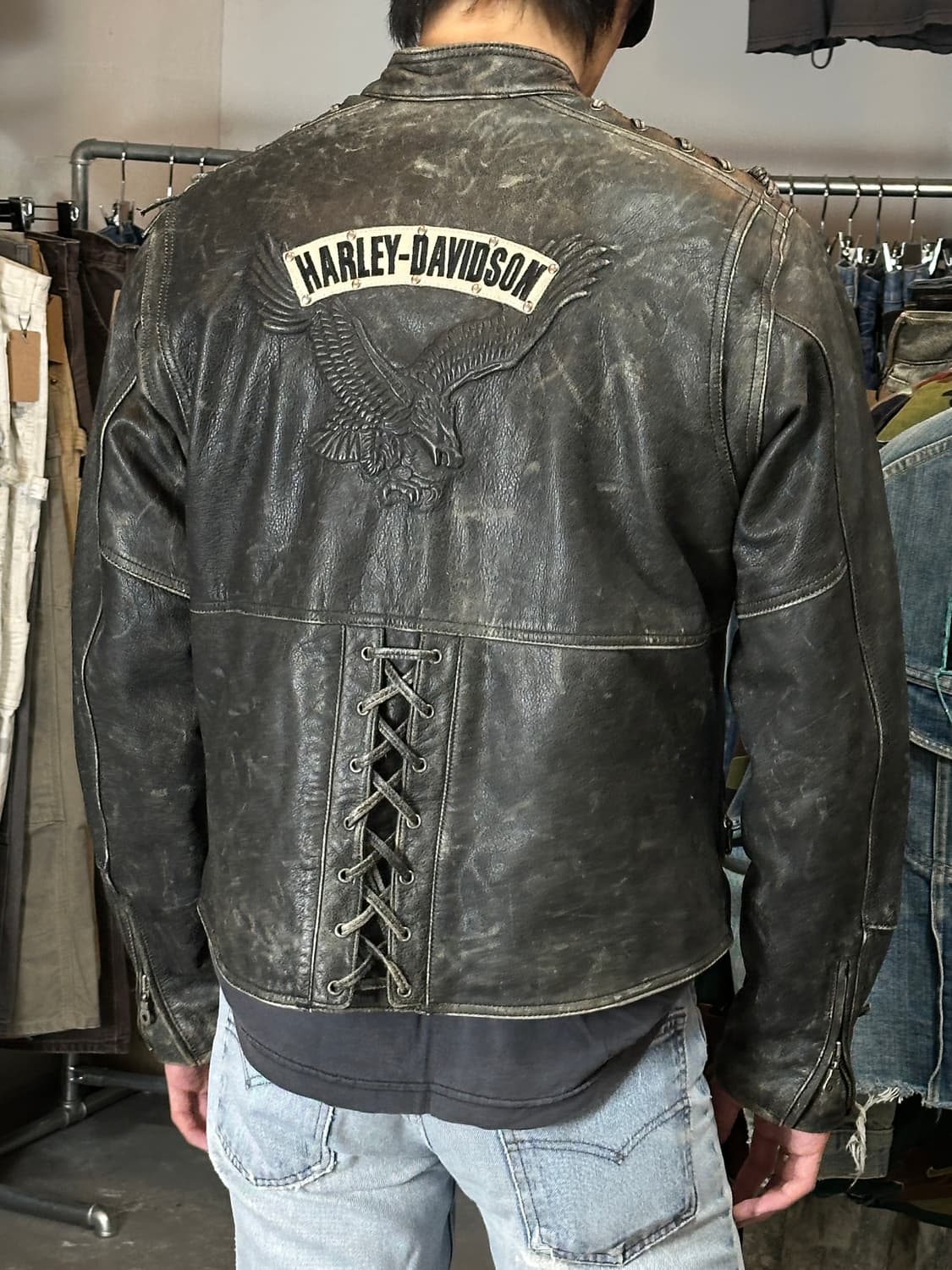 00's 할리데이비슨 코르셋 디스 레더 자켓 크롭 레더 자켓 상품이미지3