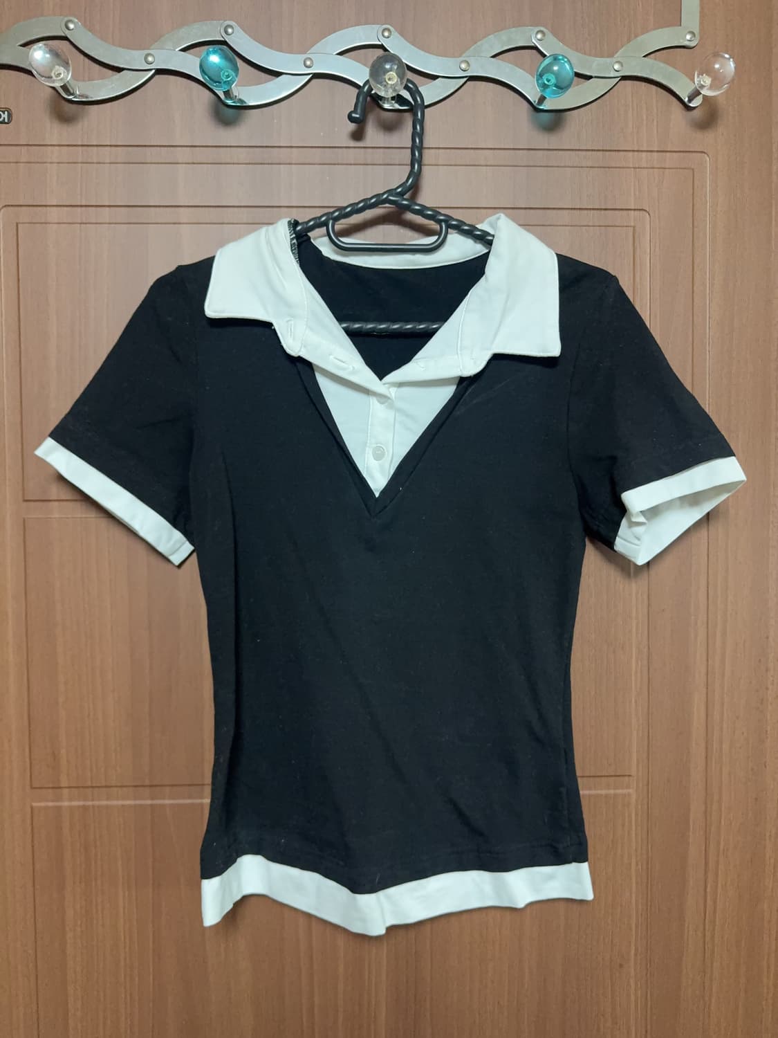 Y2k 그런지 갸루 니혼진 빈티지 핀터 블랙 카라 반팔티 상품이미지2