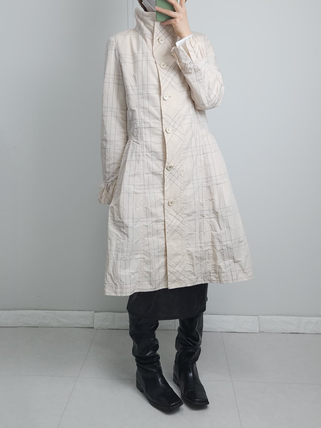 (Hiroko Bis)체크 스티치 롱 자켓 상품이미지4