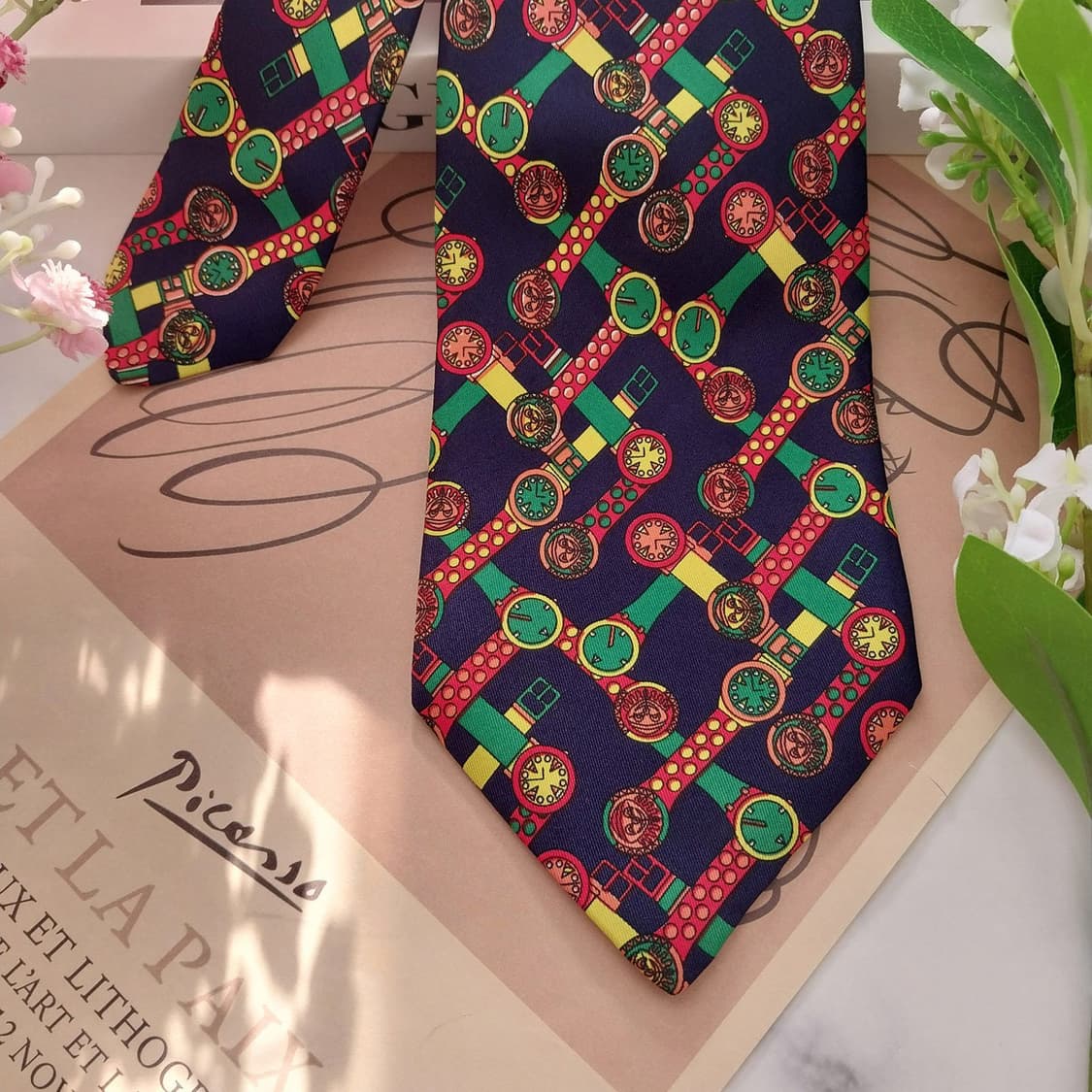 베네통 실크 네이비 워치 모티브 넥타이 9.3cm A+등급 K5149 상품이미지5