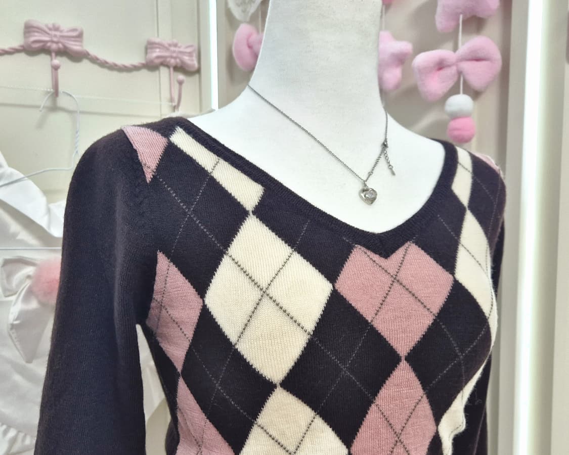 라떼갸루 히메갸루 초코딸기 아가일 리본 니트  상품이미지2