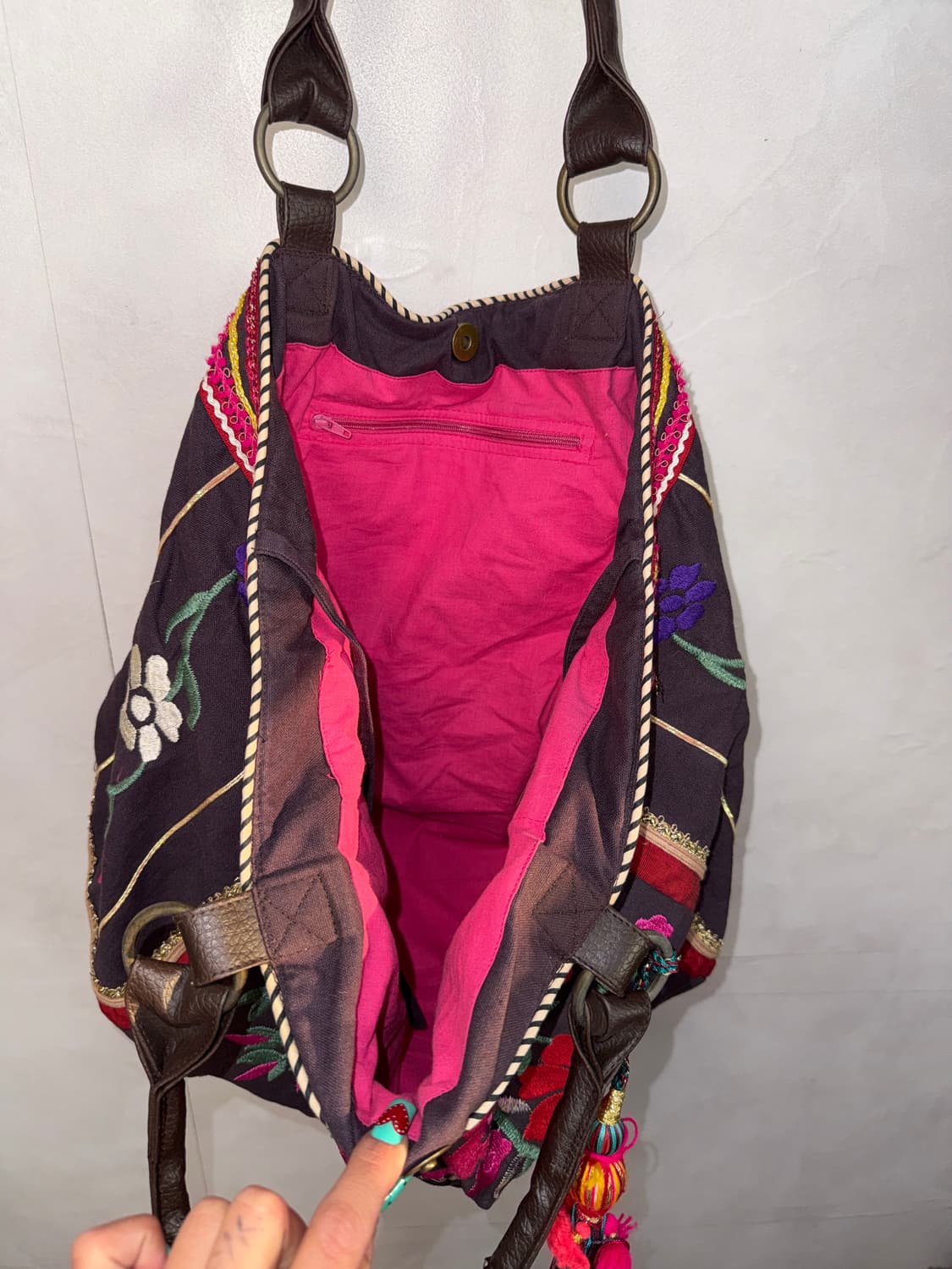 Dark brown bohemian flower big tote bag 상품이미지5