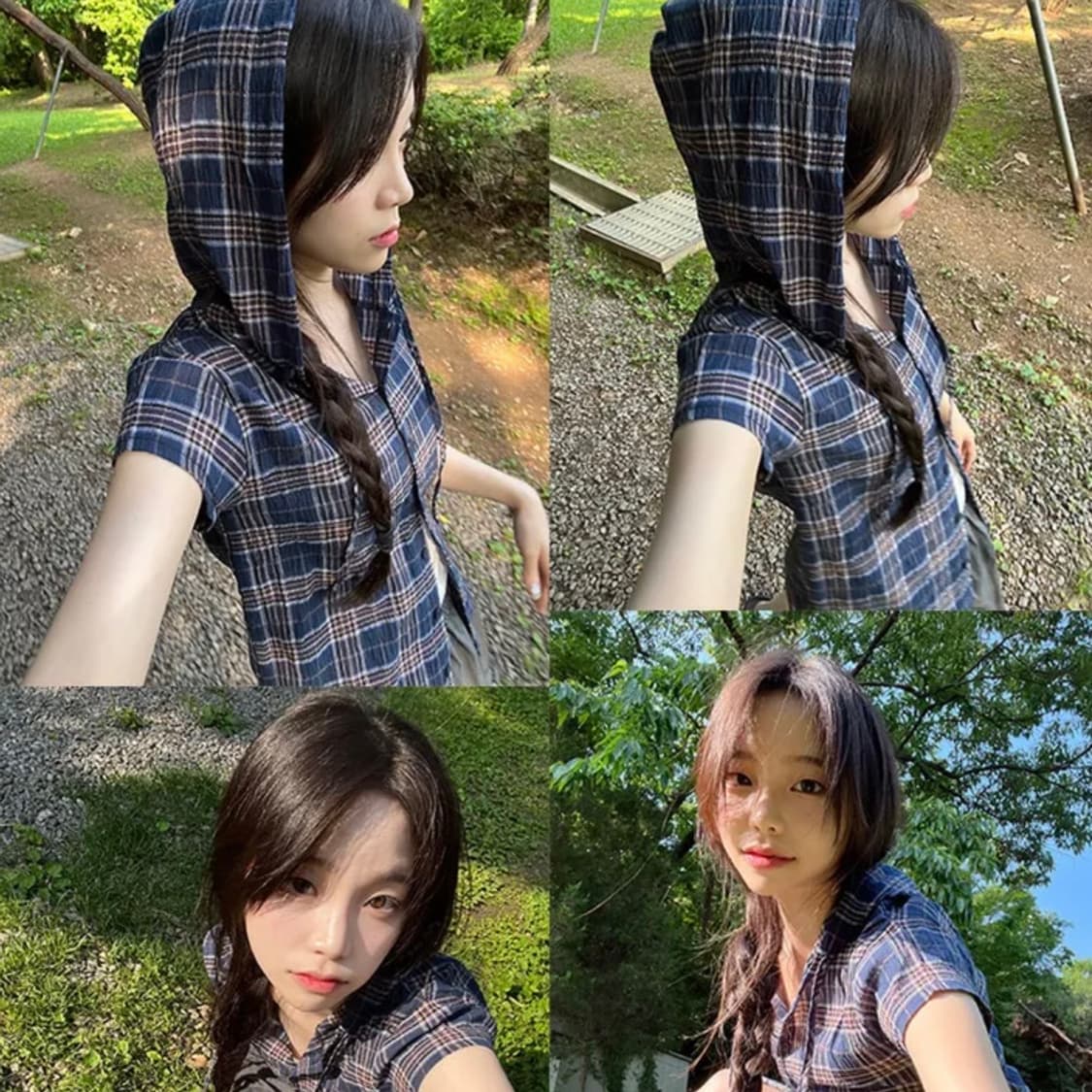 젤레나 빈티지 반팔 반소매 체크 셔링 후드 남방 네이비 상품이미지4