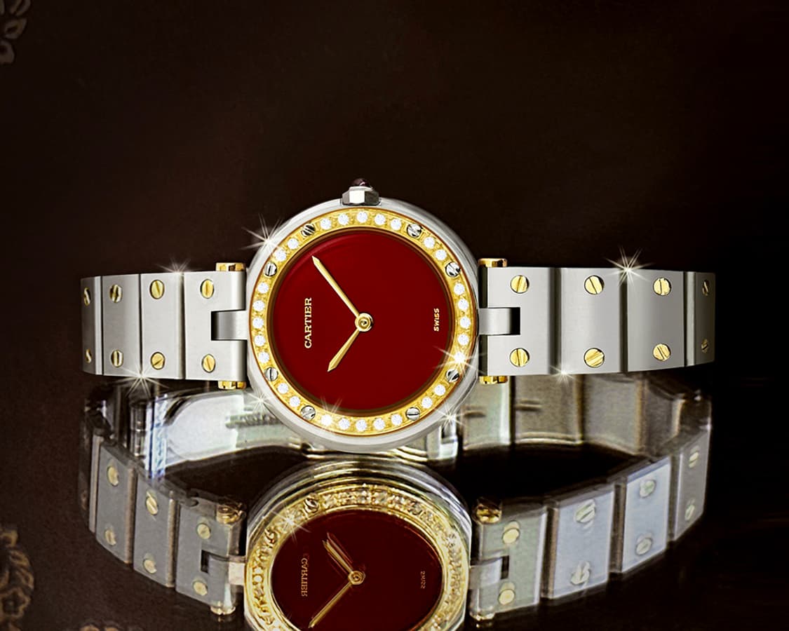 까르띠에 산토스 희귀 와인 다이얼 여성용 콤비 다이아 시계 상품이미지9