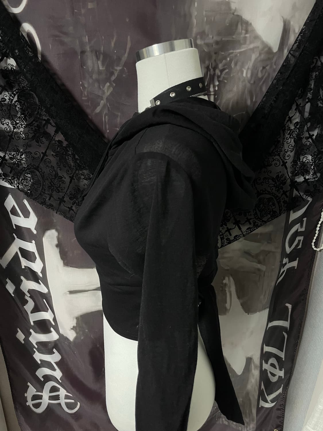 빈티지 시스루 크롭 후드 백포인트 레이어드 롱슬리브탑 00s 2010고스 상품이미지4