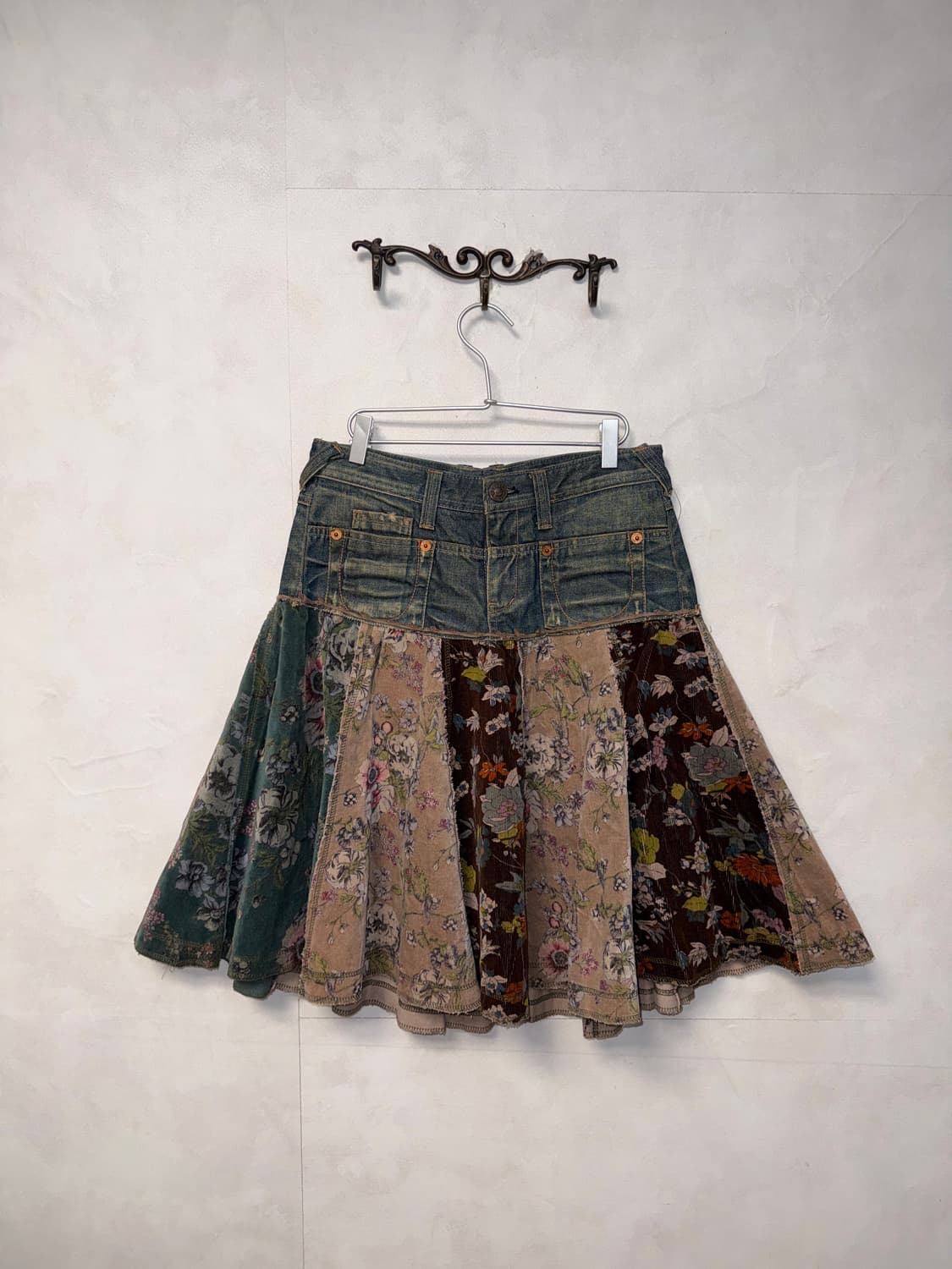 Denim corduroy bohemian floral patch sk 상품이미지1