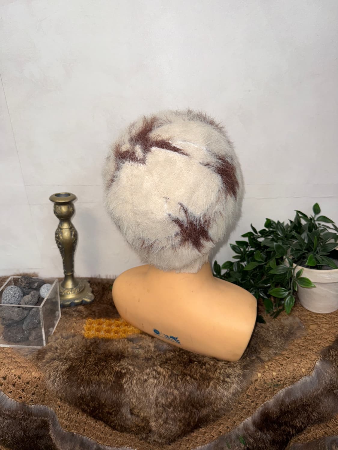 Ivory brown check angora beanie  상품이미지3