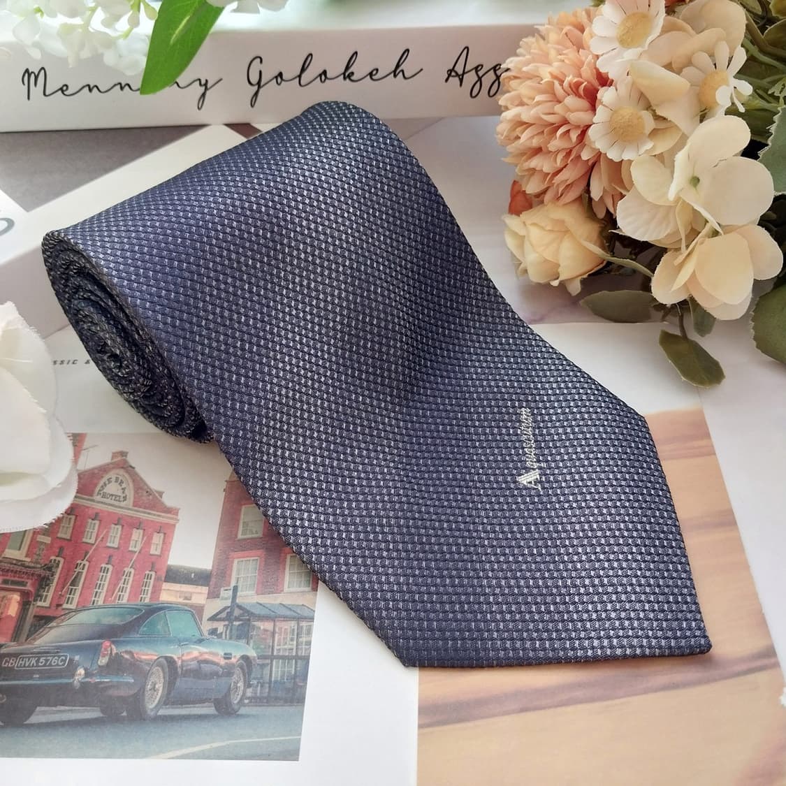 아쿠아스큐텀 실크 네이비 패턴 넥타이 9.6cm A+등급 K2374
 상품이미지2