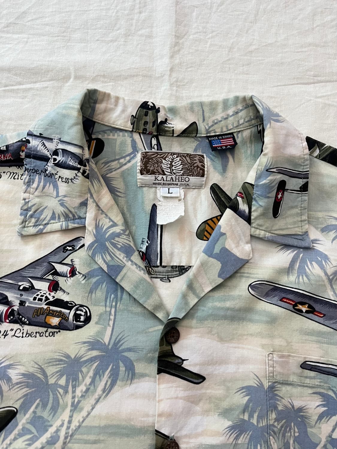 90s USA 빈티지 WWII 폭격기 하와이안 셔츠 상품이미지8