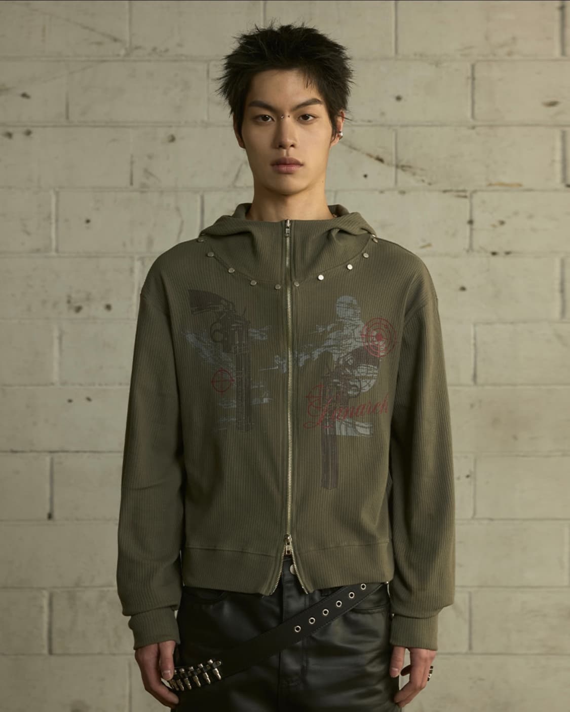 랜아카이브 스터드 집업 후드 카키 새상품 상품이미지1