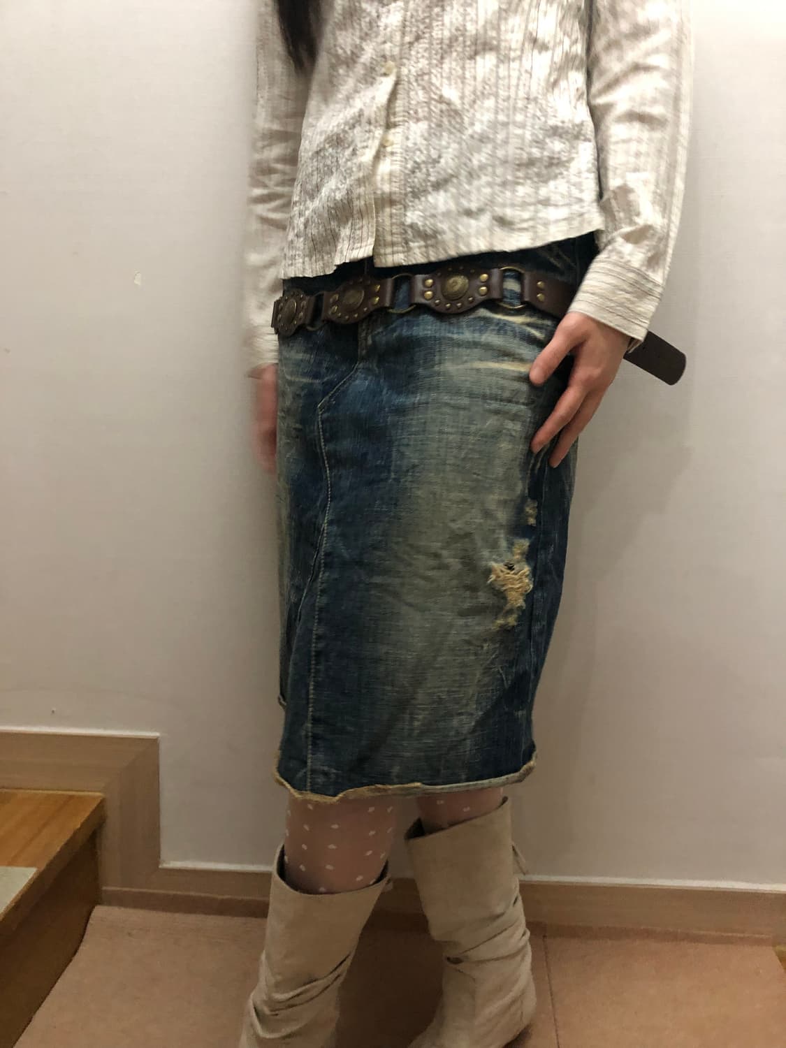 빈티지 데님 워싱 미디 스커트 상품이미지9