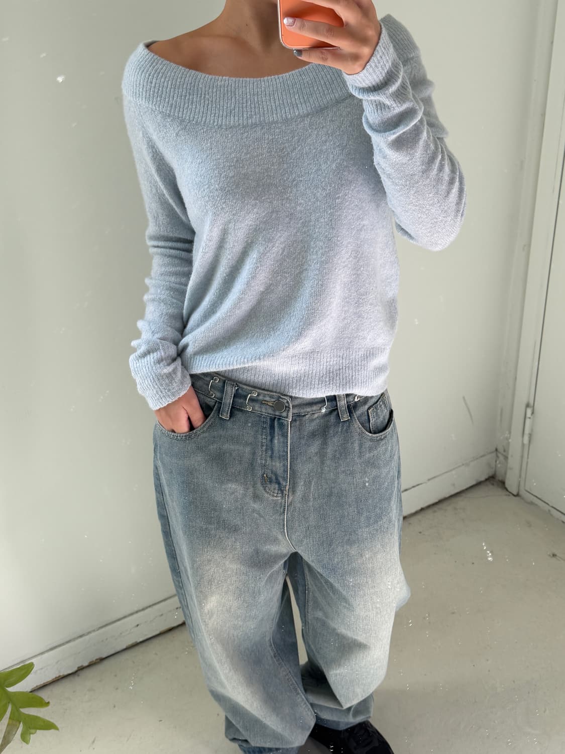 일본빈티지 파우더 블루 오프숄더 니트 상품이미지2