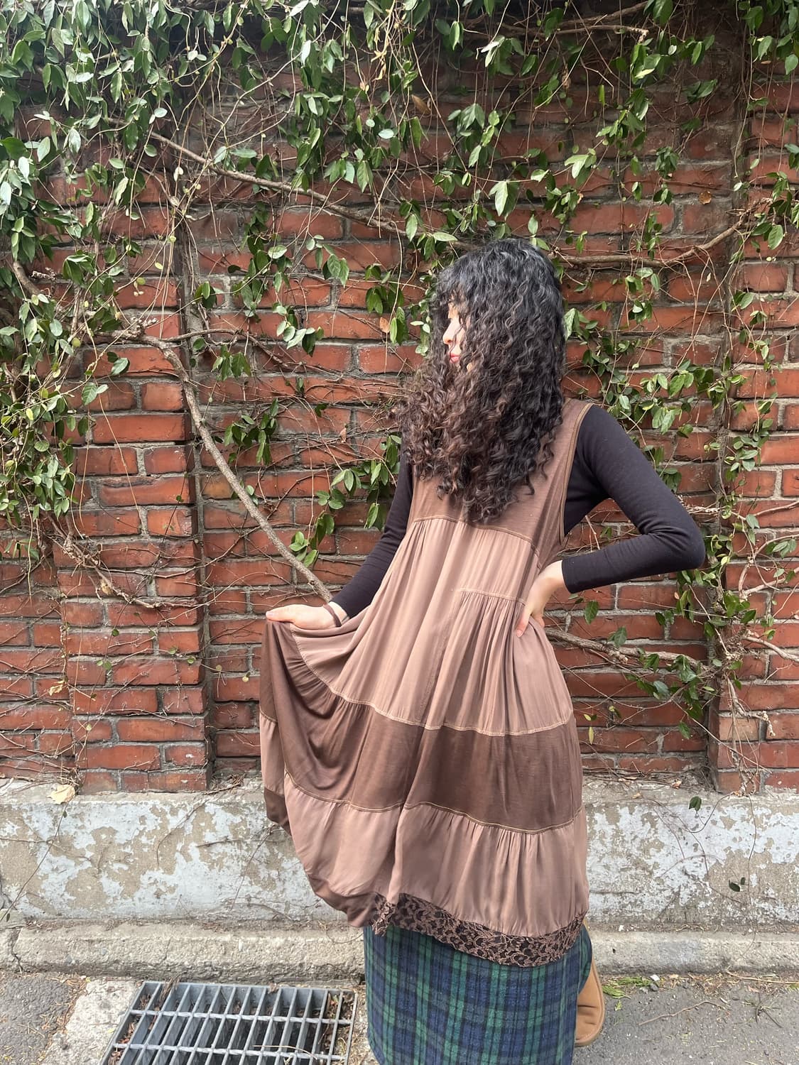 레드 브라운 패치 민소매 미디 원피스 상품이미지2