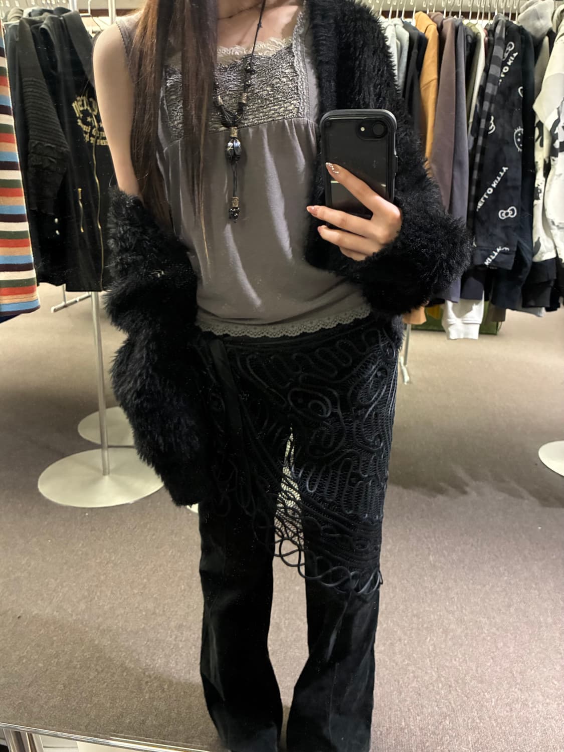 Japanese vintage 여성 그물 블랙 머플러 상품이미지4