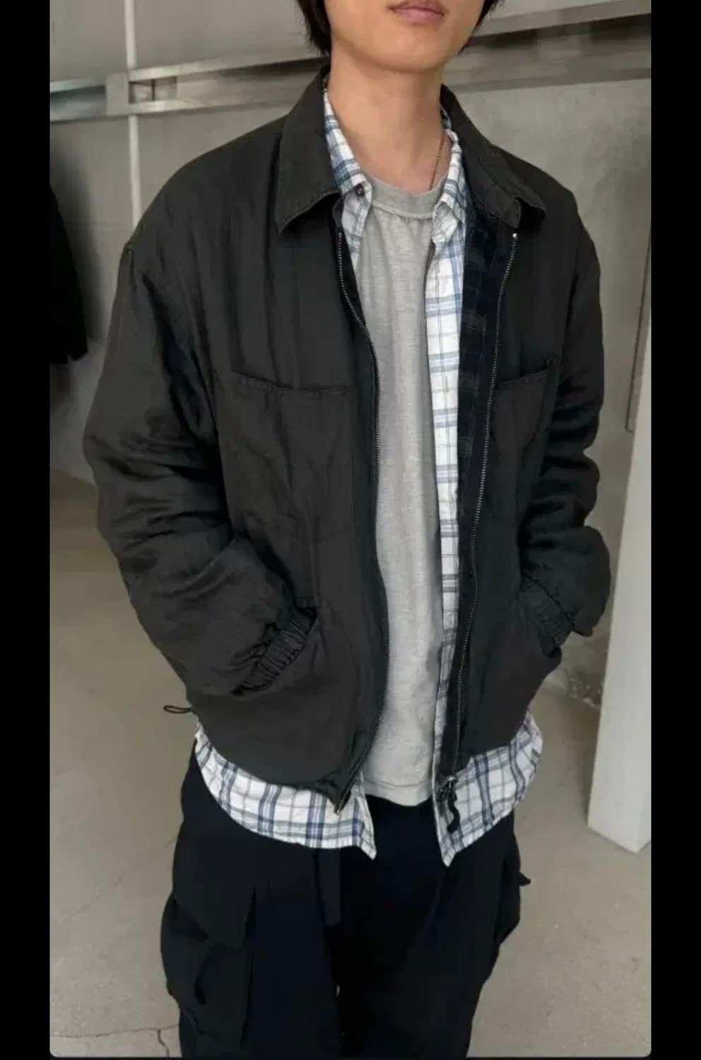 [3] 폴리테루 리버시블 블루종 라미 체크 블랙 + 올리브 상품이미지3