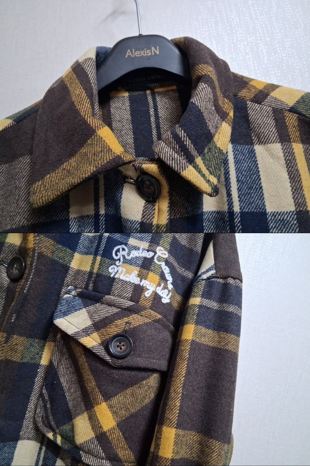 일본수입 로데오 크라운 두터운 모직체크 아우트셔츠 하프기장 미착용 오버핏 상품이미지4