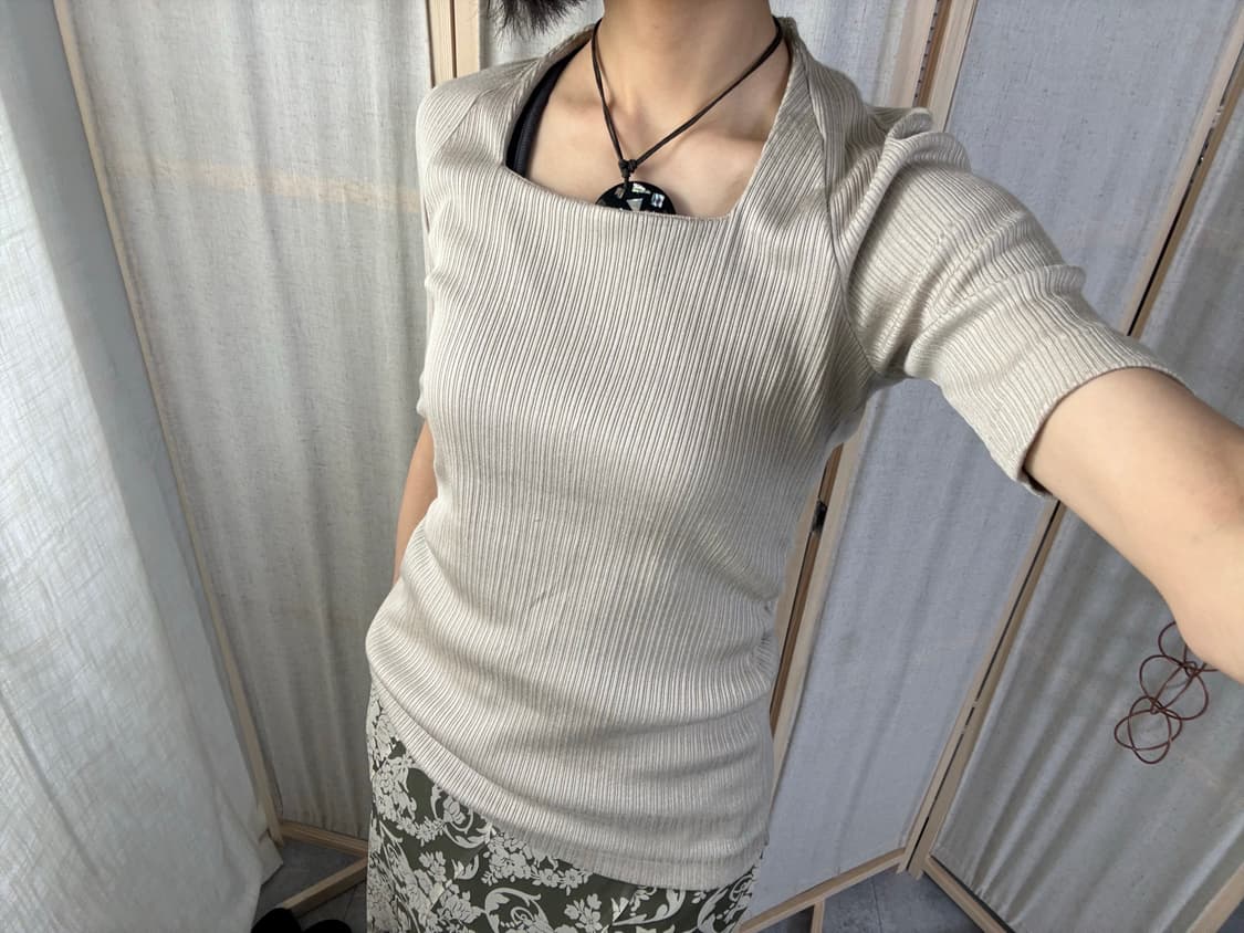 LA-BREA 스퀘어넥 골지 니트 반팔탑 상품이미지1