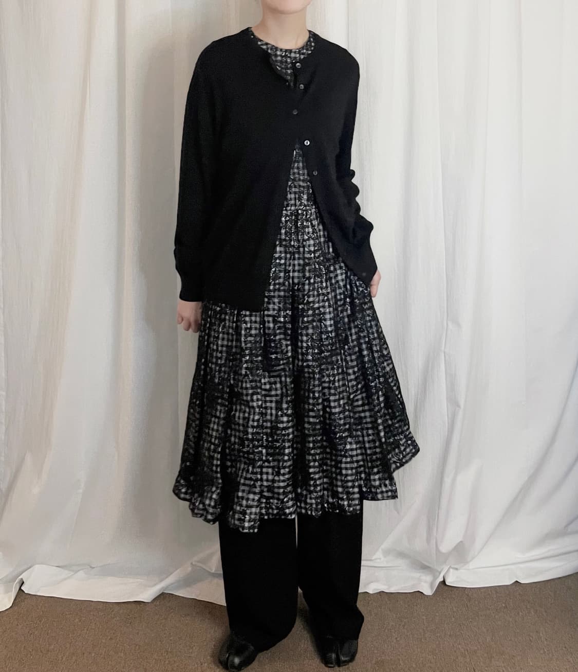 Lace Check Long Dress - Black 상품이미지2