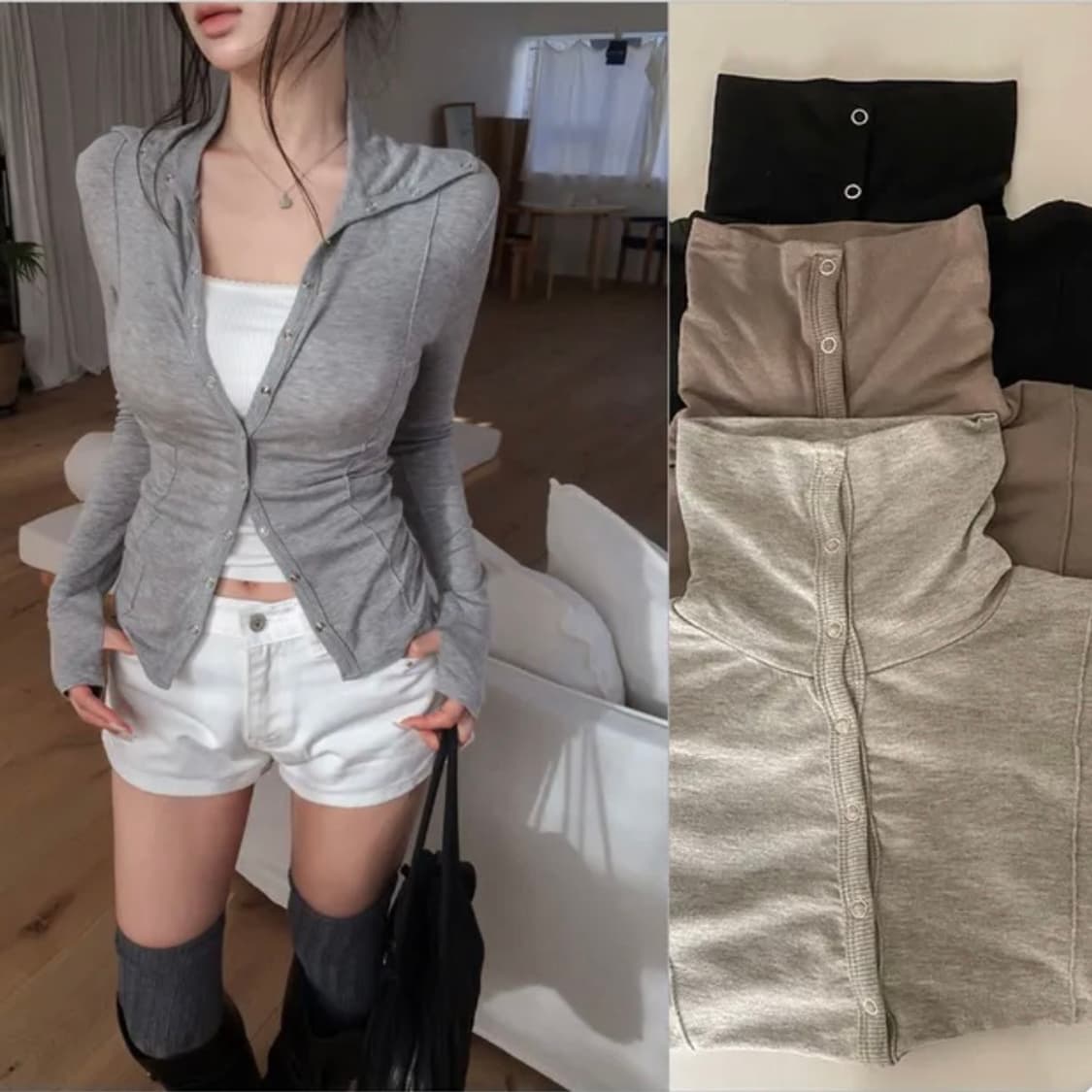 히프나틱 스냅버튼 하이넥 가디건 그레이 [새상품 상품이미지1