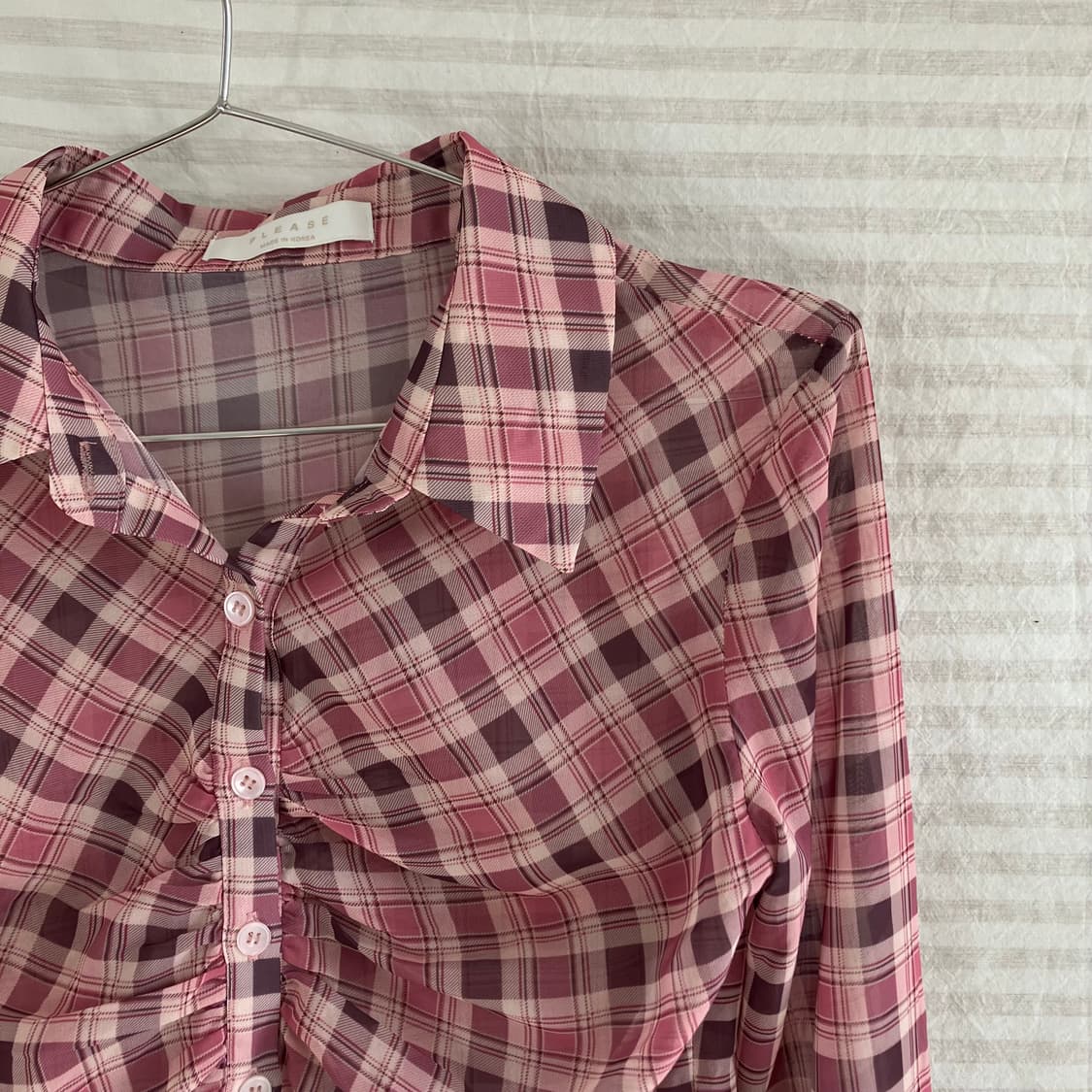 빈티지 딸기 우유 핑크 체크 셔링 크롭 셔츠 979 y2k 스트릿 갸루  상품이미지3