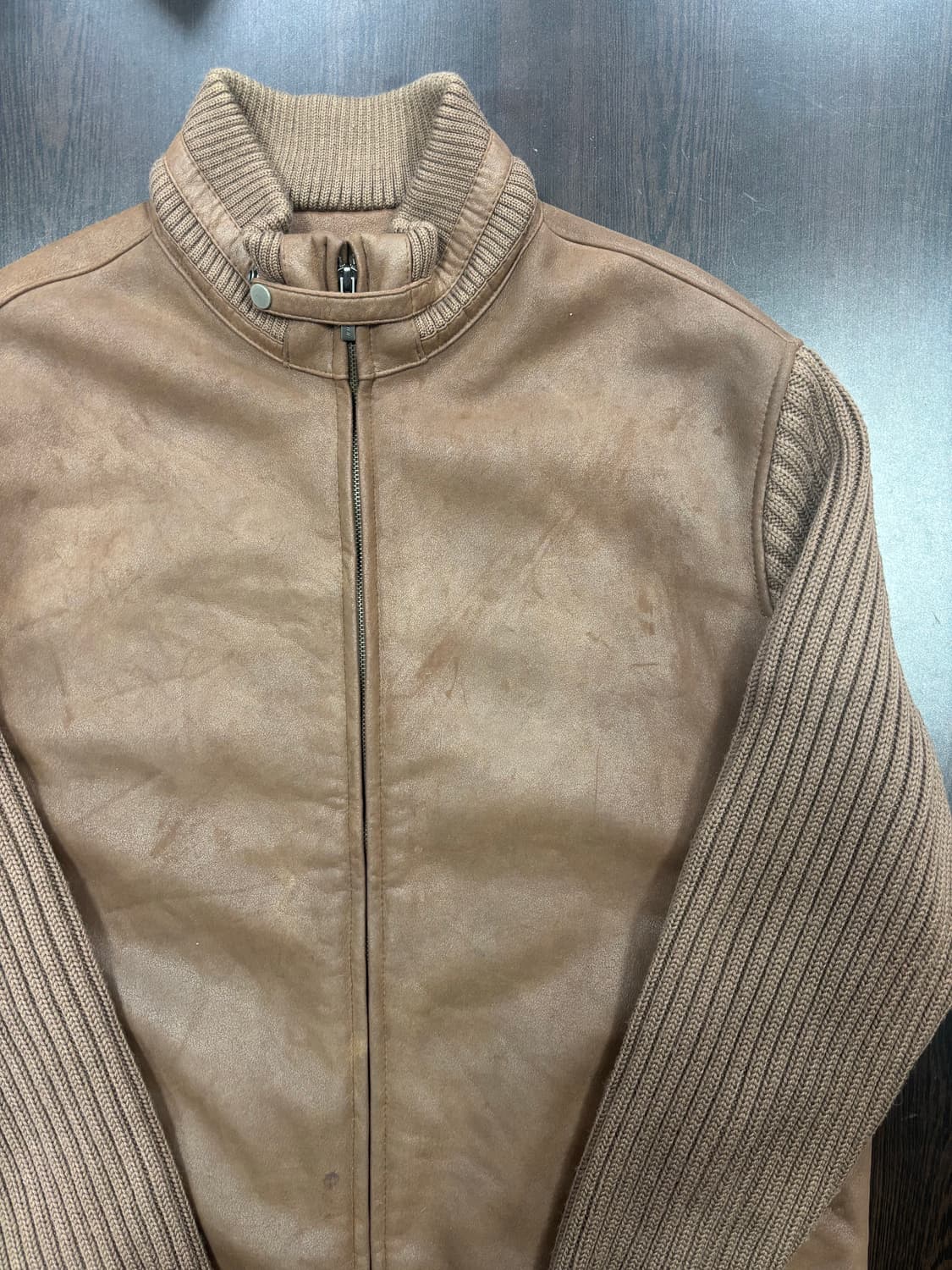 크로커다일 브라운 가죽 니트 배색 점퍼 상품이미지4