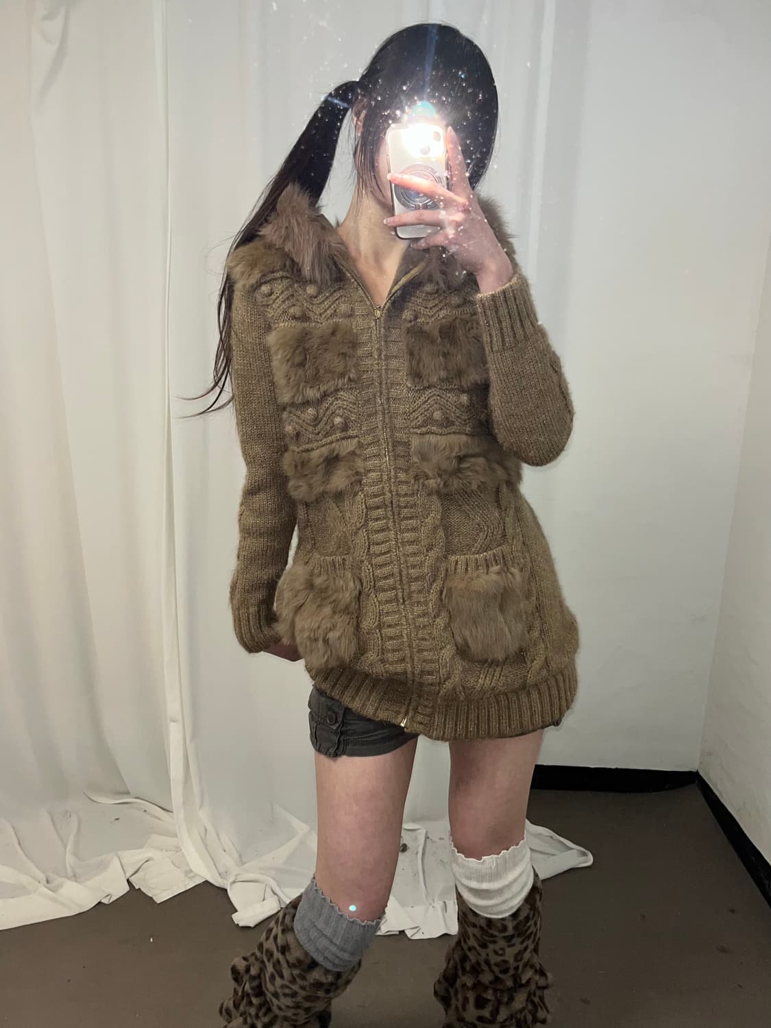 베이지 래빗퍼 트리밍 울프죠 니트 후드집업 상품이미지3