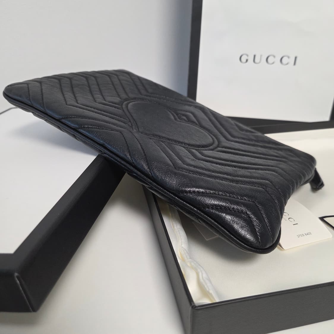 GUCCI 구찌 정품 마몽 클러치백 블랙 금장 쉐브론 레더파우치 상품이미지6