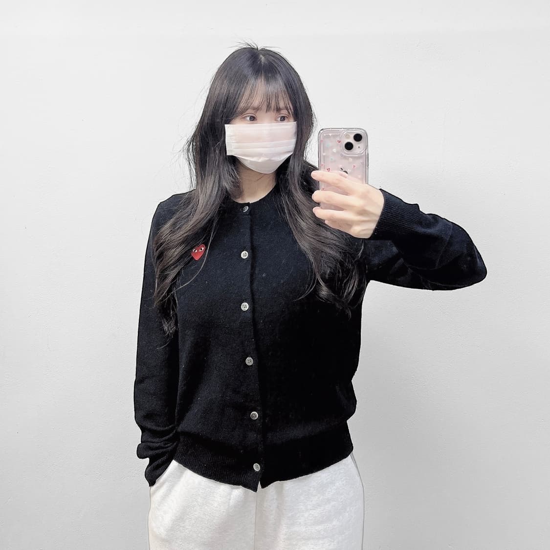 꼼데가르송 더블 하트 와펜 라운드 가디건 니트 블랙 상품이미지1