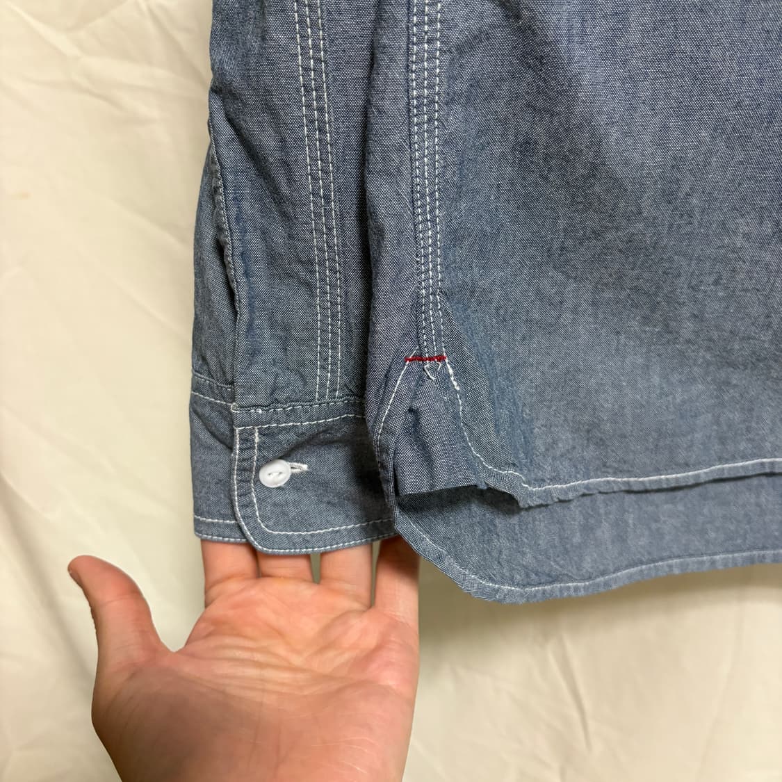 빔즈 라운딩 카라 샴브레이 던가리 워크 셔츠 / 블루, M 상품이미지7