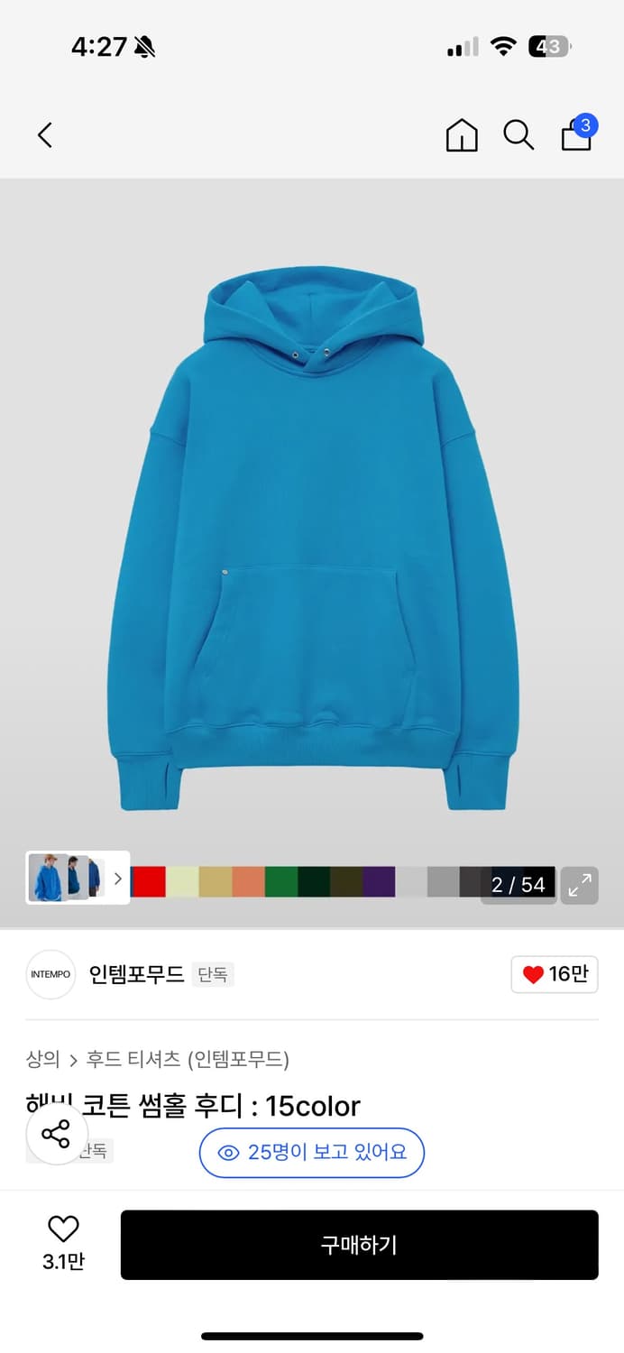 인템포무드 해비 코튼 썸홀 후디 blue 판매합니다 상품이미지1