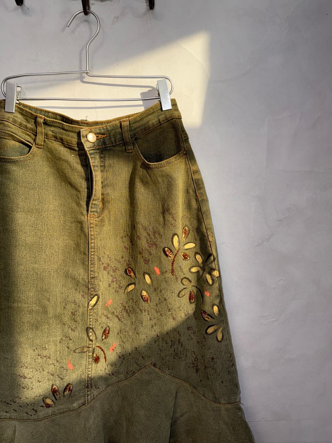 Washing khaki denim oriental beads skirt 상품이미지4