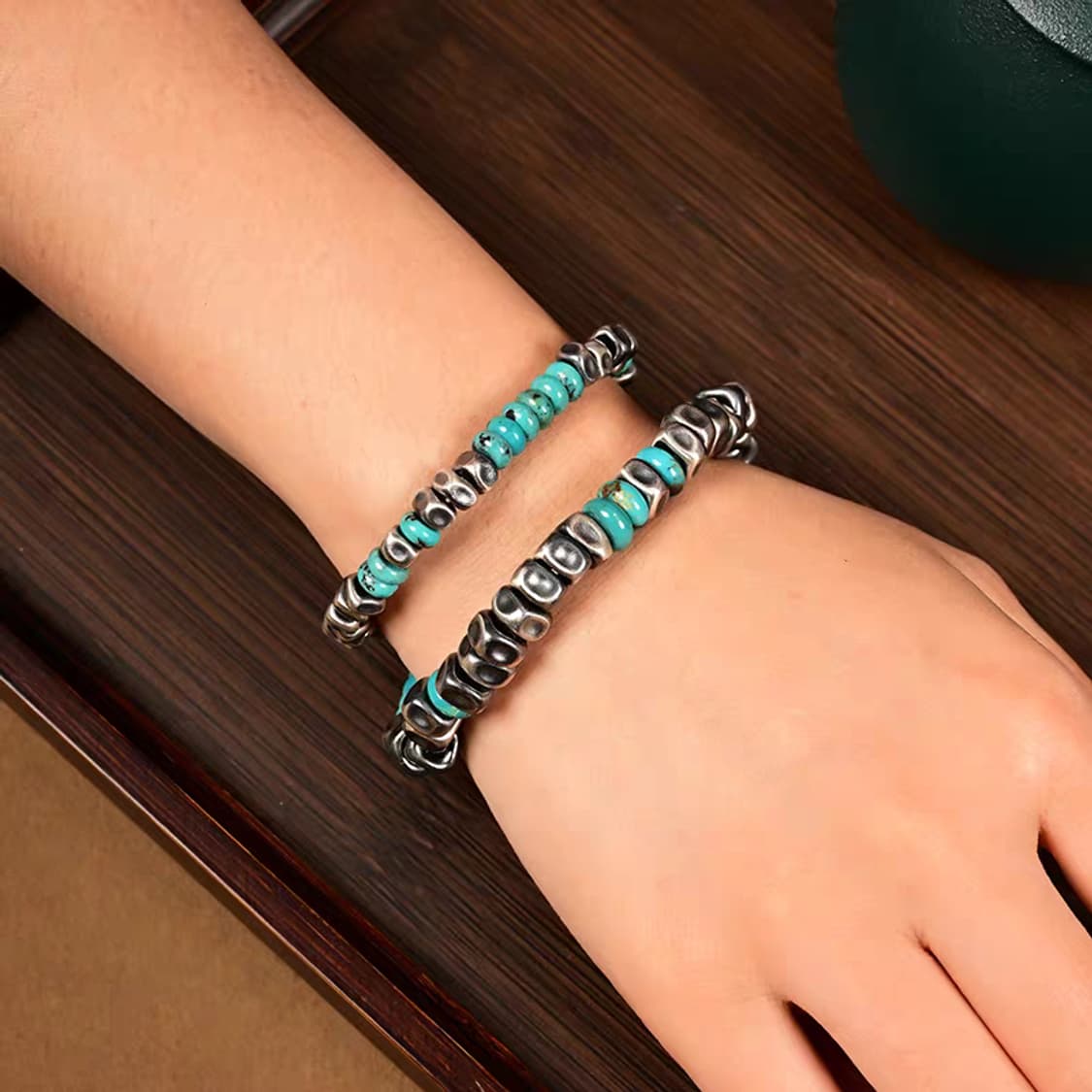 Oceanora 남성용 8mm 실버 팔찌, 터 키석 포인트 상품이미지5