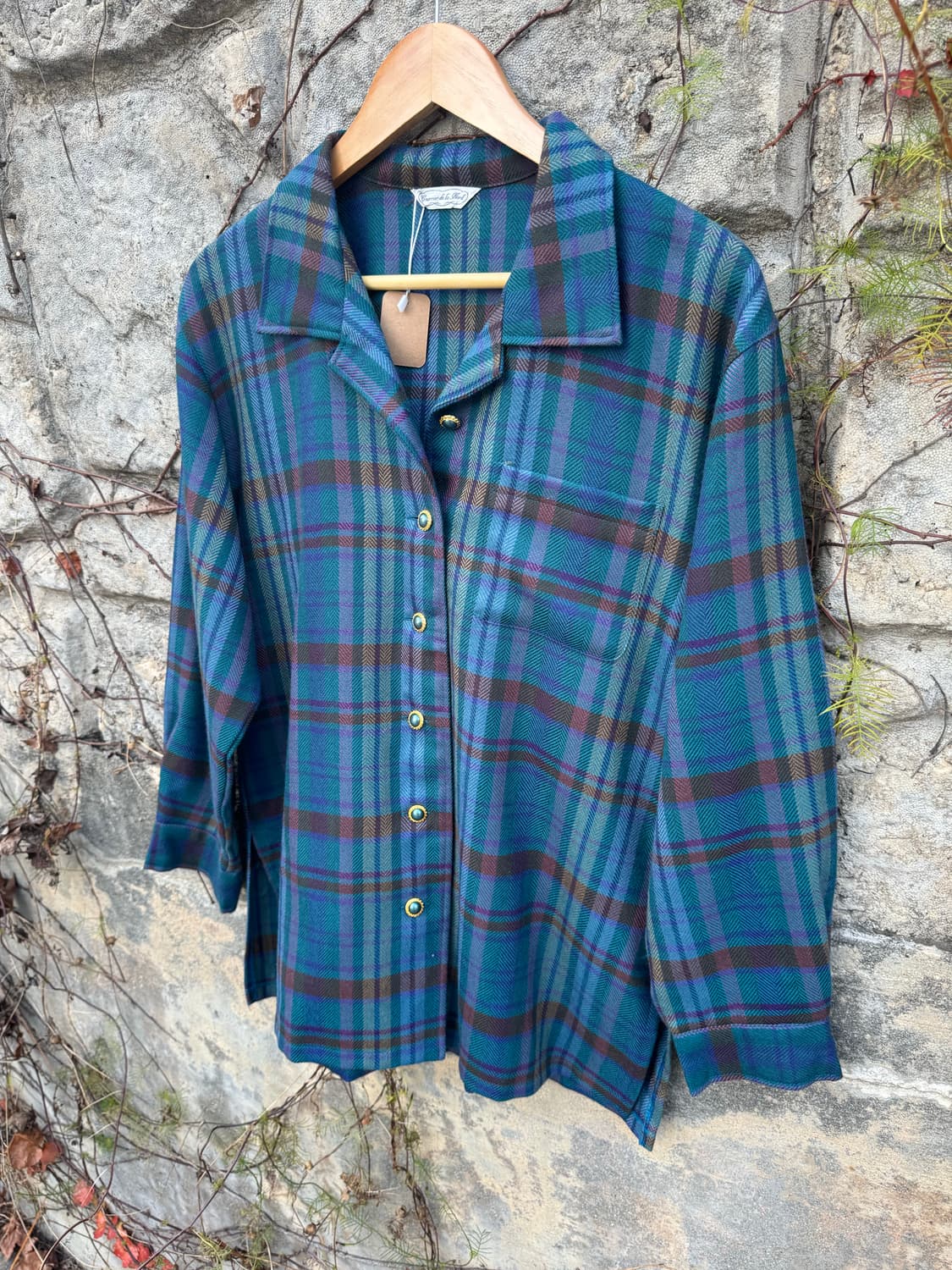 일본 빈티지 레트로 오픈 카라 단추 포인트 체크 플란넬 셔츠 상품이미지3