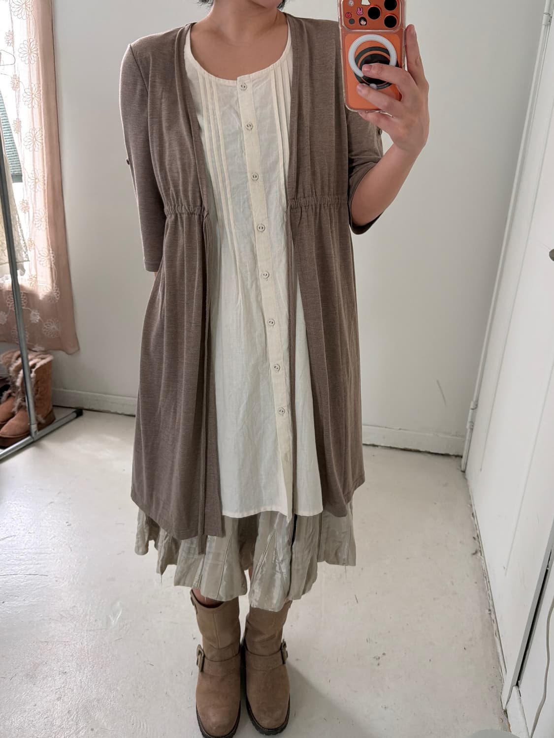 일본빈티지 베이지 레이어드 가디건원피스 상품이미지1