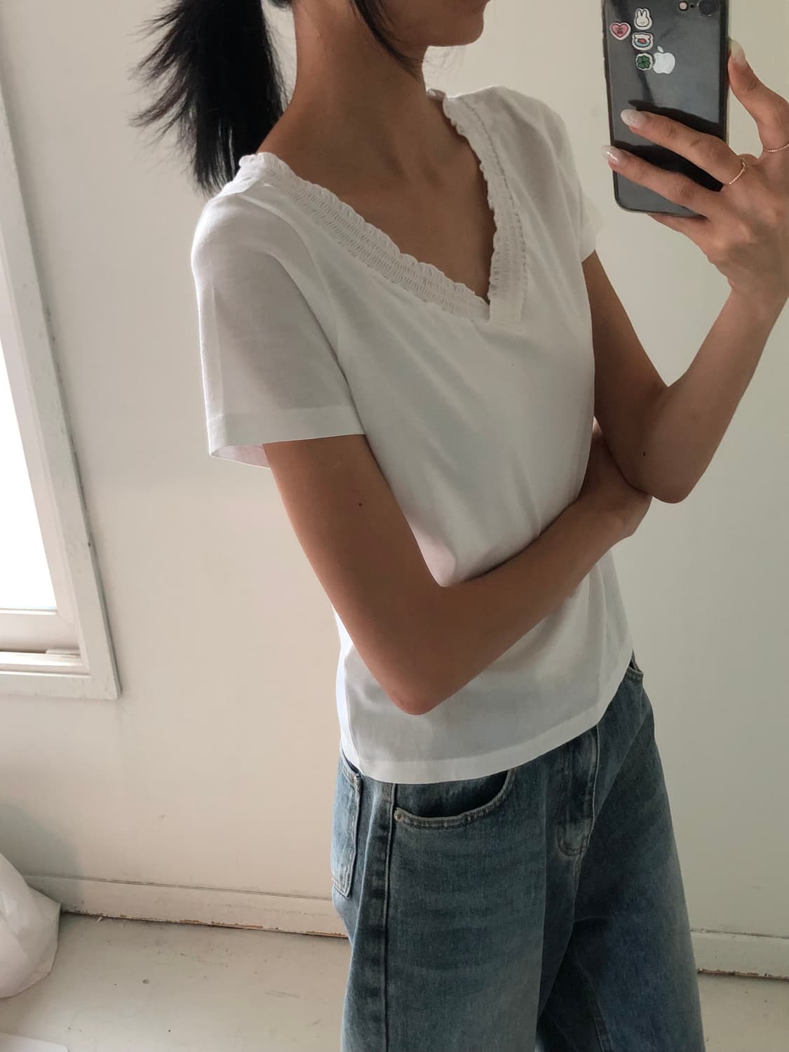 일본빈티지 셔링 브이넥 반팔티 상품이미지2