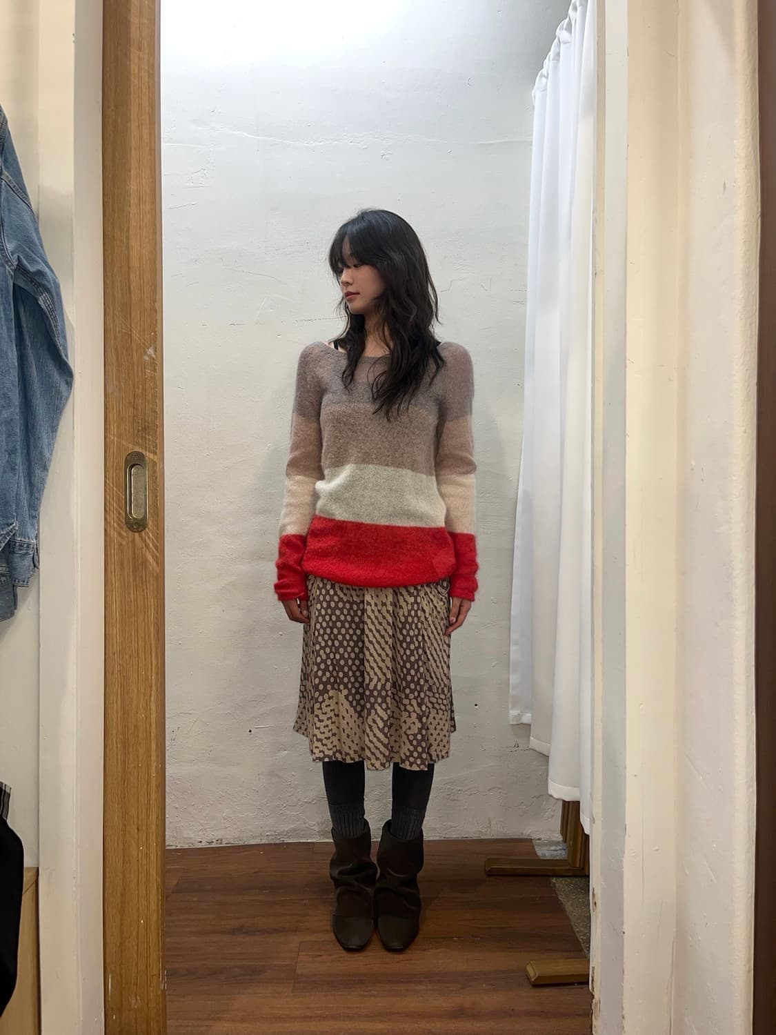 아르마니 진스 모헤어 니트 단가라 패턴 디테일 루즈핏 베이지 레드 상품이미지2