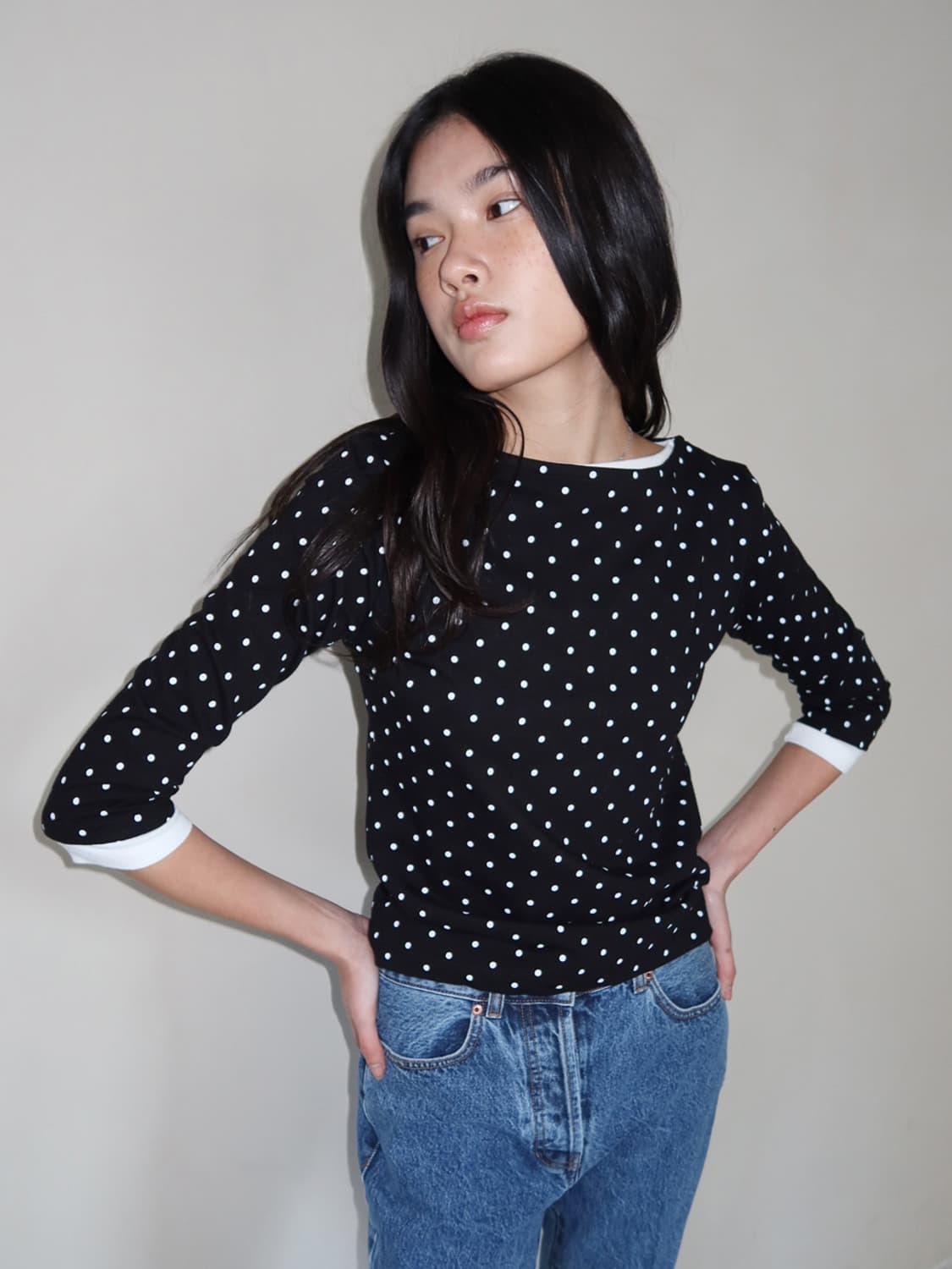 MMM 엠엠엠 폴카 도트 3/4 슬리브 티셔츠 블랙 상품이미지1