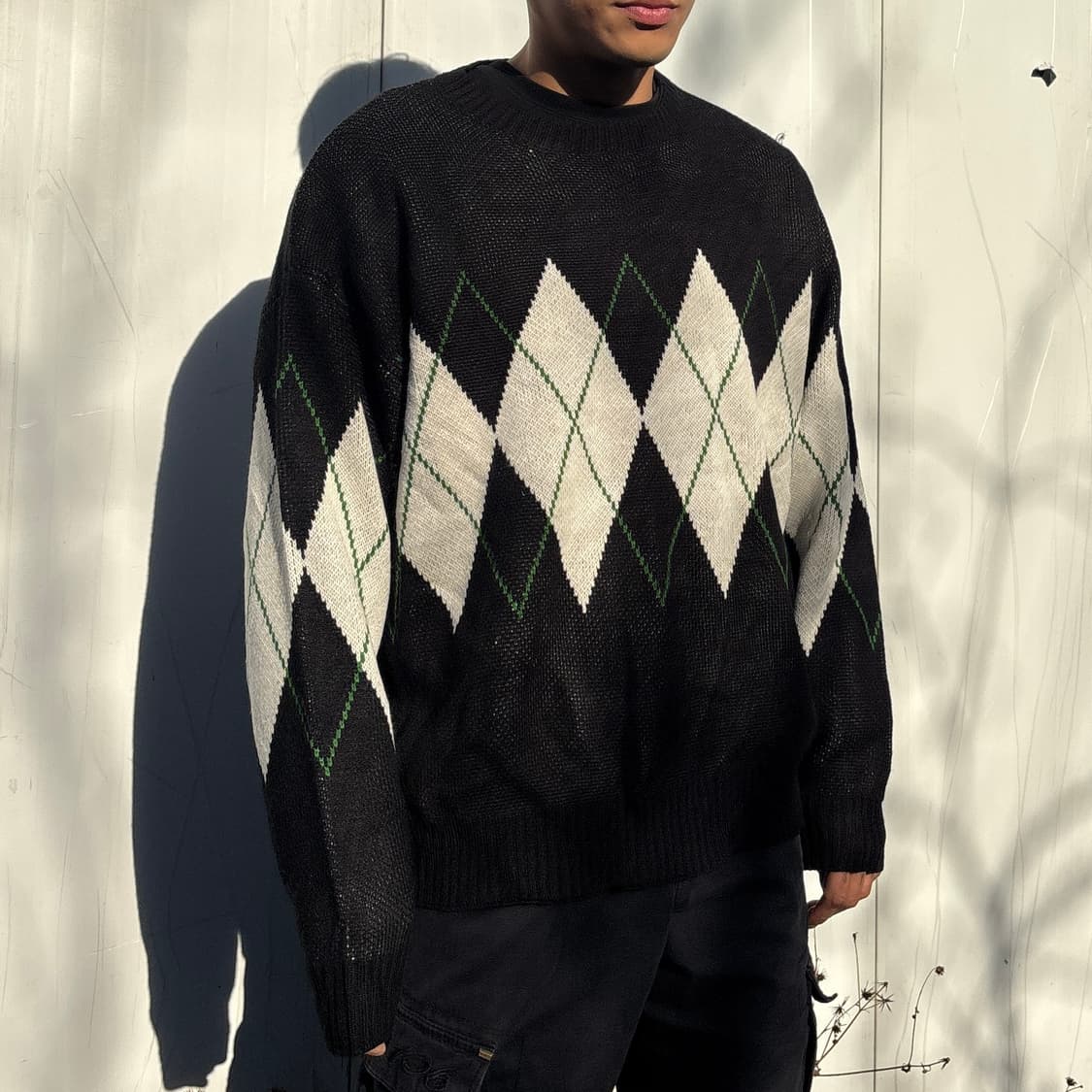 모노마트 블랙 아가일 체크 패턴 오버핏 라운드 니트 (L) 상품이미지2