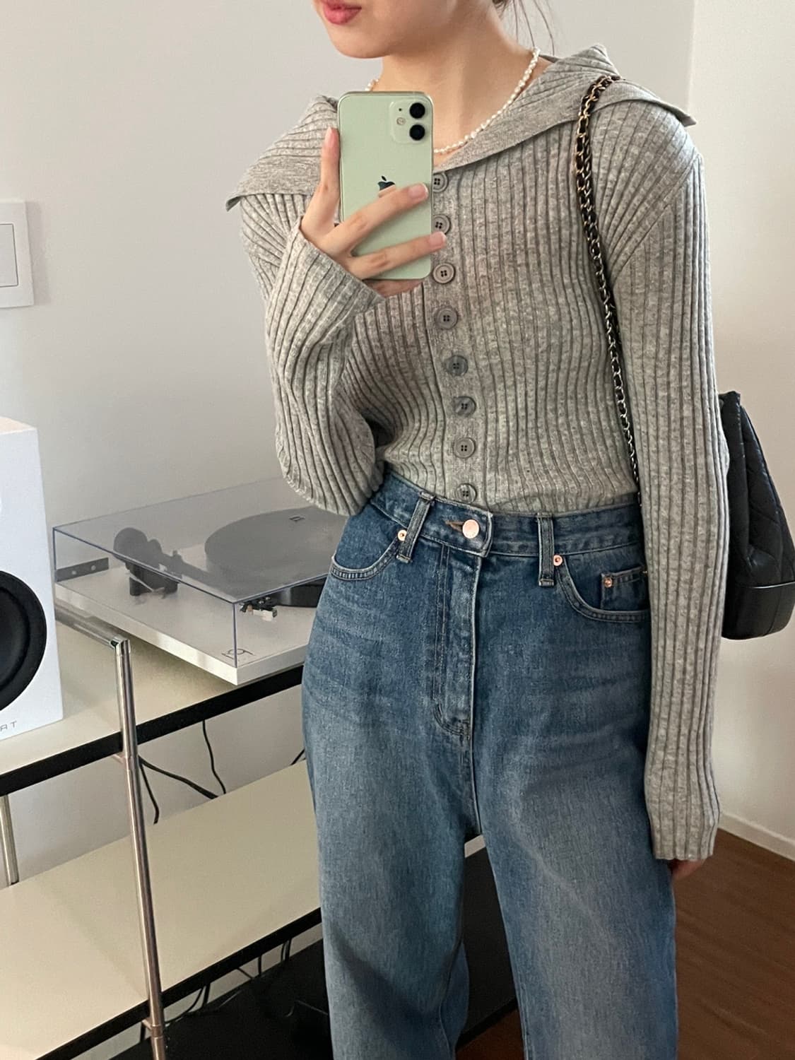 메리경 버튼 골지 니트 가디건 그레이 상품이미지1