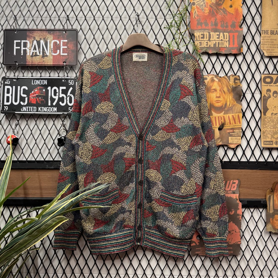 90s 미쏘니 스포츠 니트 가디건 멀티컬러 자가드 패턴 카키 상품이미지1