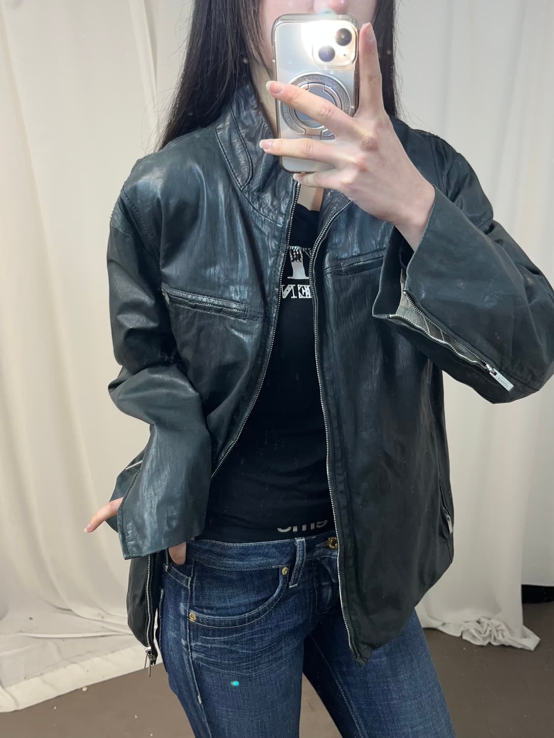 Armani 다크 카키 레더 자켓 상품이미지3