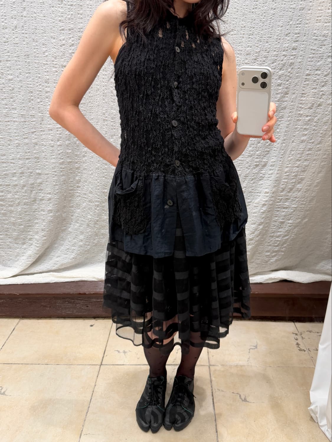 Black sheer stripe midi skirt 상품이미지4