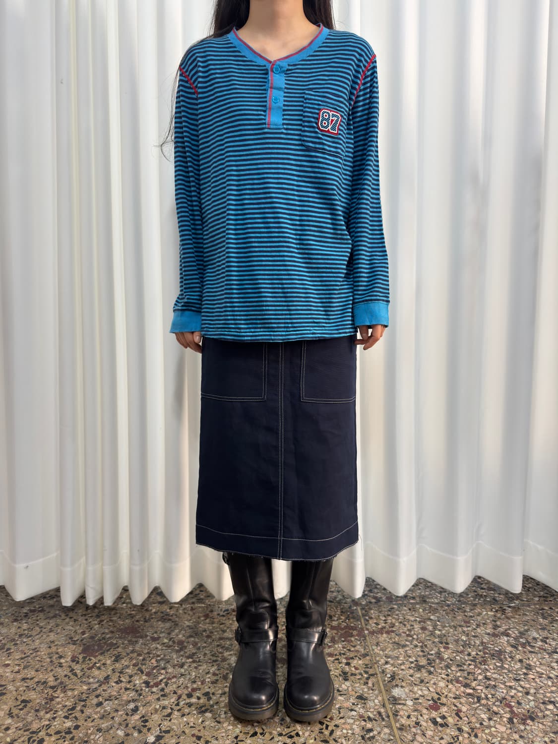 dressterior navy stitch belt midi skirt 상품이미지9