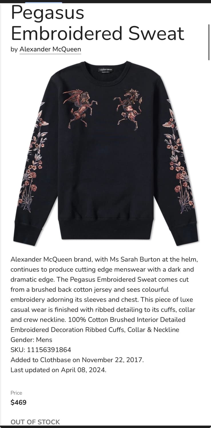 XL/ 알렉산더맥퀸 페가수스 자수 맨투맨(새상품) 상품이미지2