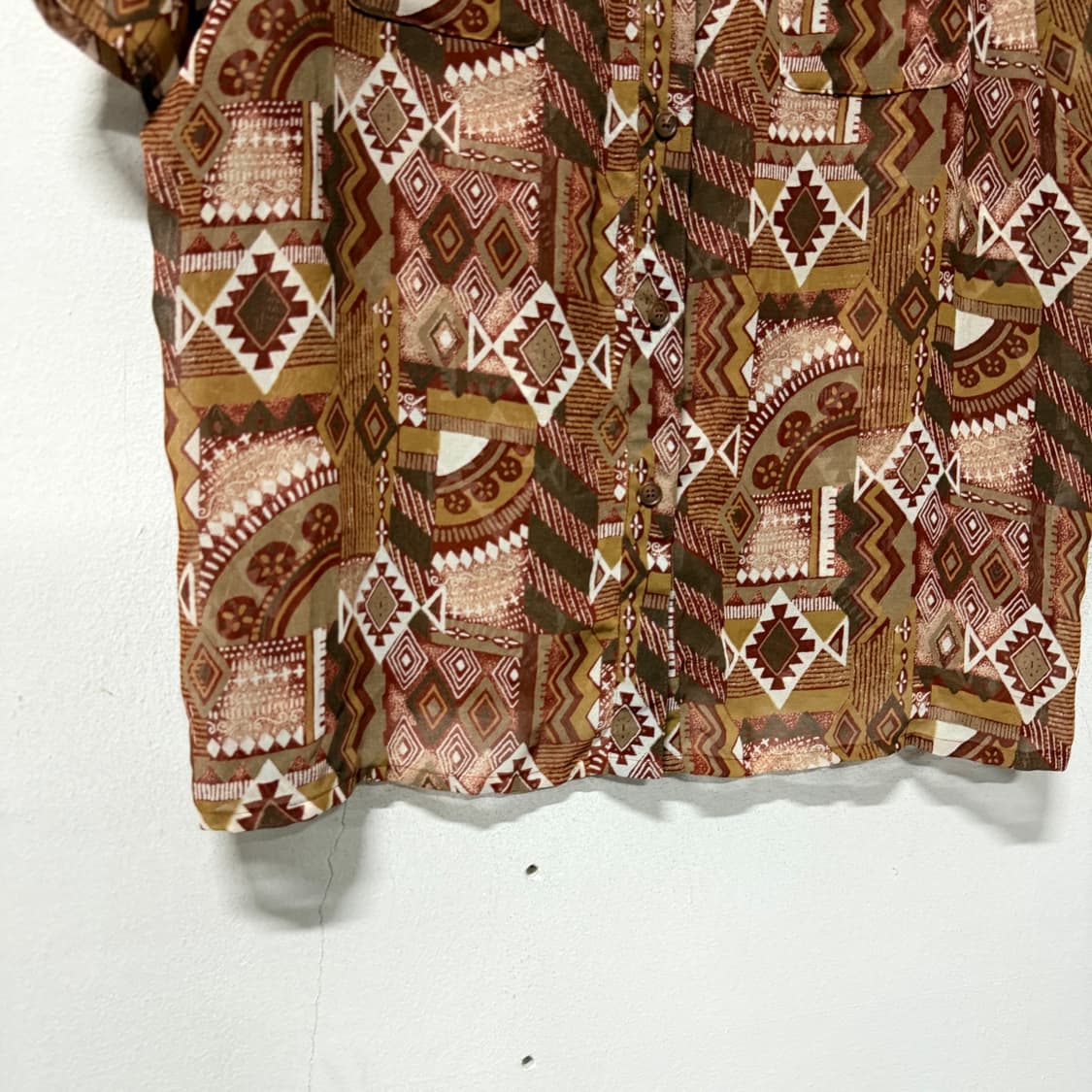 VTG 빈티지 마오리 에스닉 풀 패턴 시스루 반팔 셔츠 상품이미지3